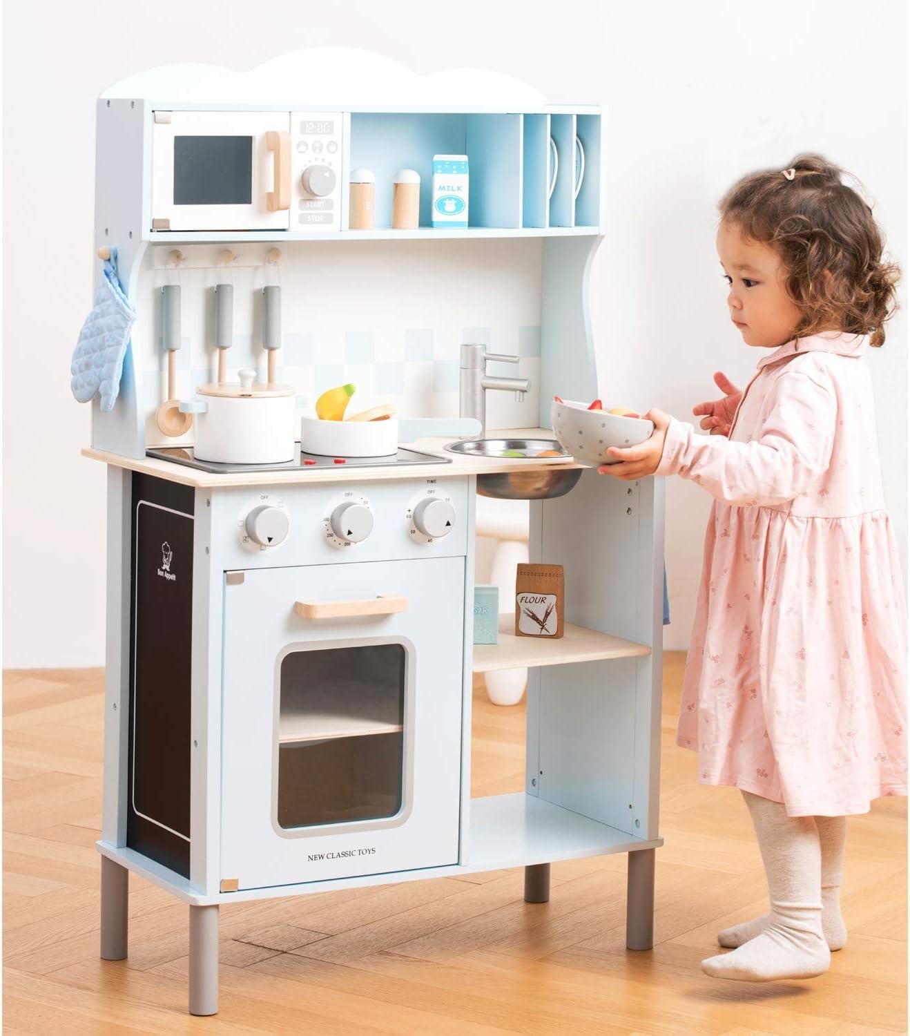 Blue Wooden Pretend Play Toy Kitchen for Kids - Classic Role Play Set with Electric Cooking Sounds & Accessories | Perfect for Imaginative Play, Learning & Fun