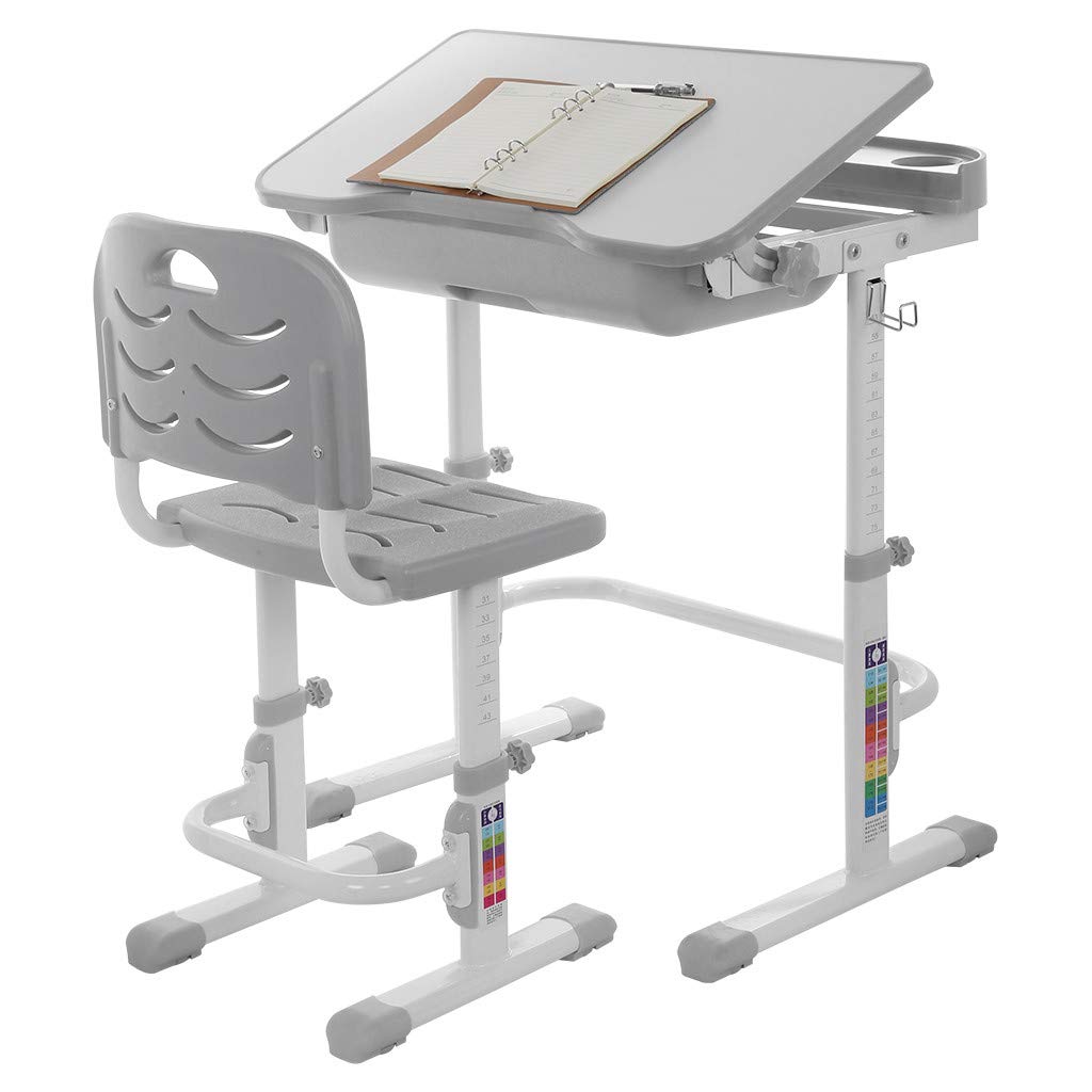Adjustable Kids Study Desk and Chair Set with Tilted Top, Pull-Out Drawer Storage, Pencil Case & Bookstand - Ergonomic Children's Writing Table for School, Homework & Online Learning