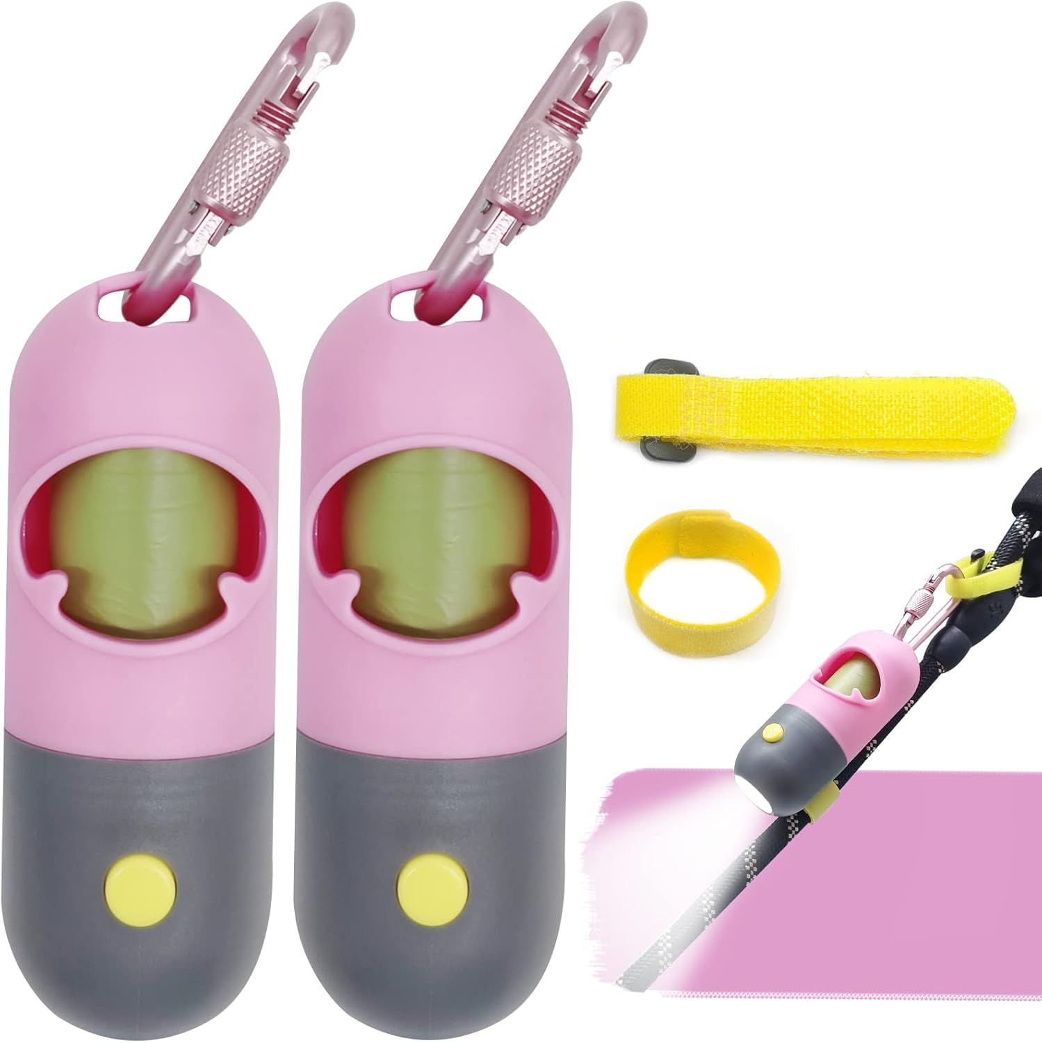 LED Flashlight Dog Poop Bag Holder Dispenser - Leash Attachment for Nighttime Dog Walking (Includes 2 Holders & 30 Waste Bags, Pink) - Perfect for Evening Walks, Park Visits & Outdoor Adventures with Your Pet