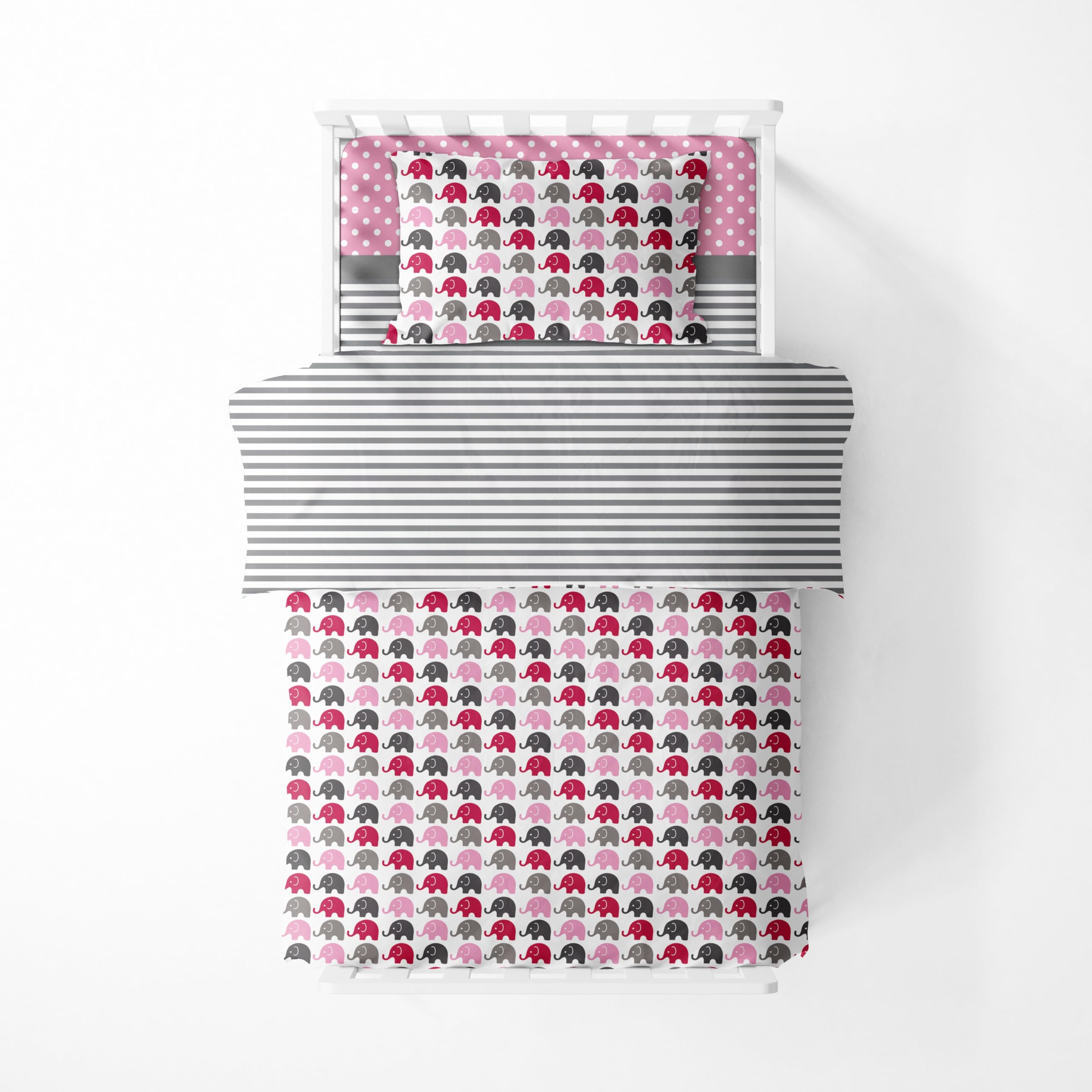 Bacati 4-Piece Girls Toddler Bedding Set - 100% Cotton Pink & Grey Elephant Print, Includes Reversible Comforter, Fitted Sheet, Top Sheet & Pillowcase | Soft & Comfortable Nursery Bedding for Baby Girls & Toddlers | Perfect for Cribs, Daycare & Cozy Bedtime