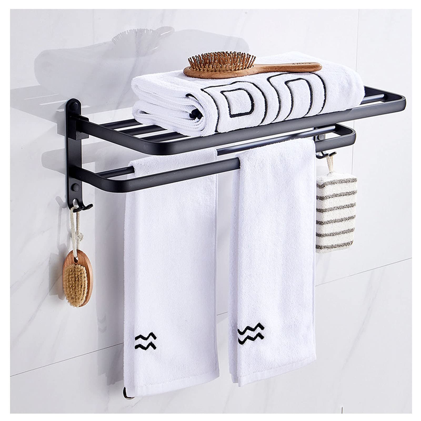 TRFBC Wall Mounted Aluminum Towel Rack with Hooks & Shelf - Foldable Bathroom Storage Organizer (39cm, Black) - Perfect for Kitchen & Bathroom Space Saving