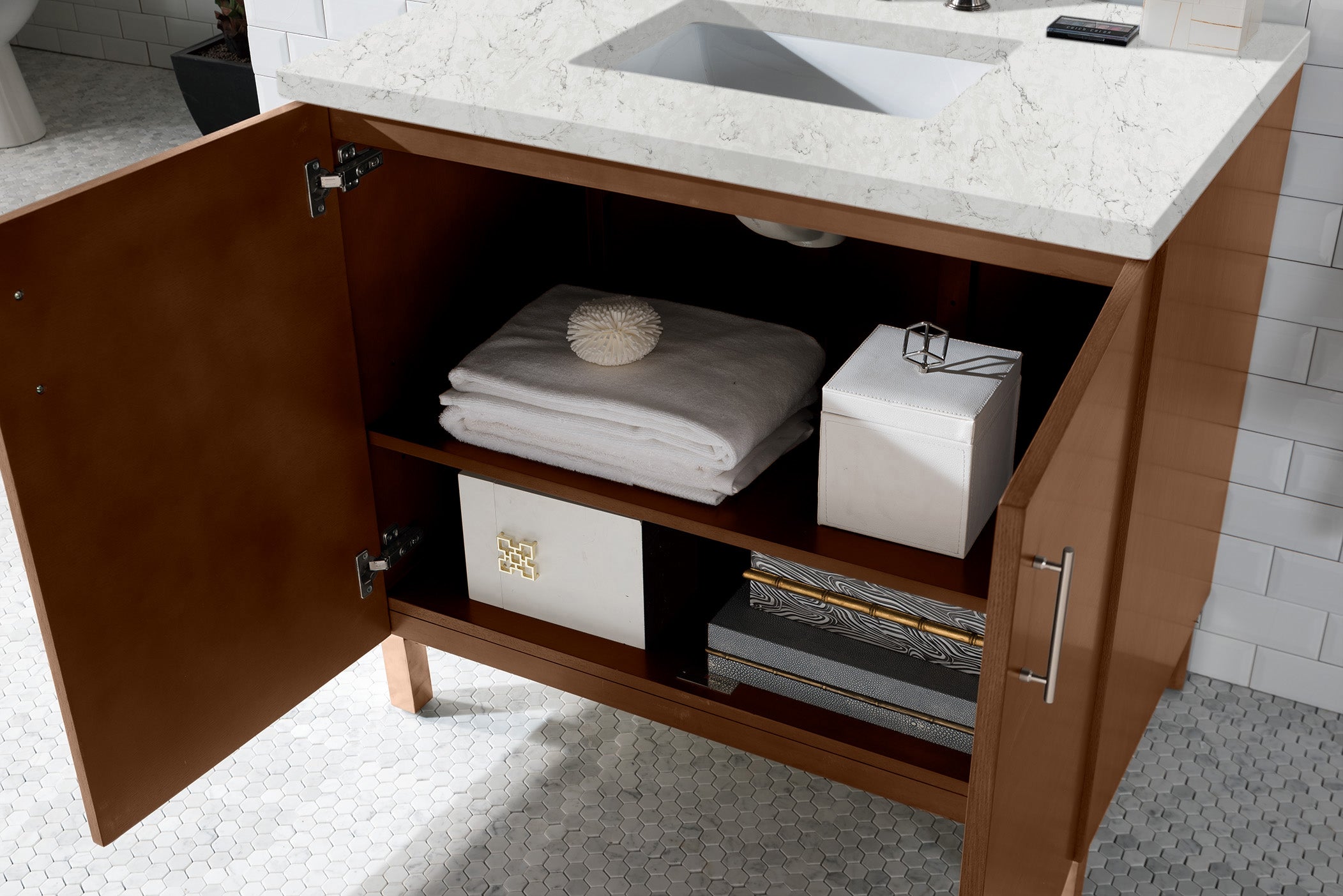 Metropolitan 36 Inch Single Bathroom Vanity with American Walnut Finish & 3CM Eternal Jasmine Pearl Quartz Countertop - Perfect for Modern Master Bathrooms & Powder Rooms