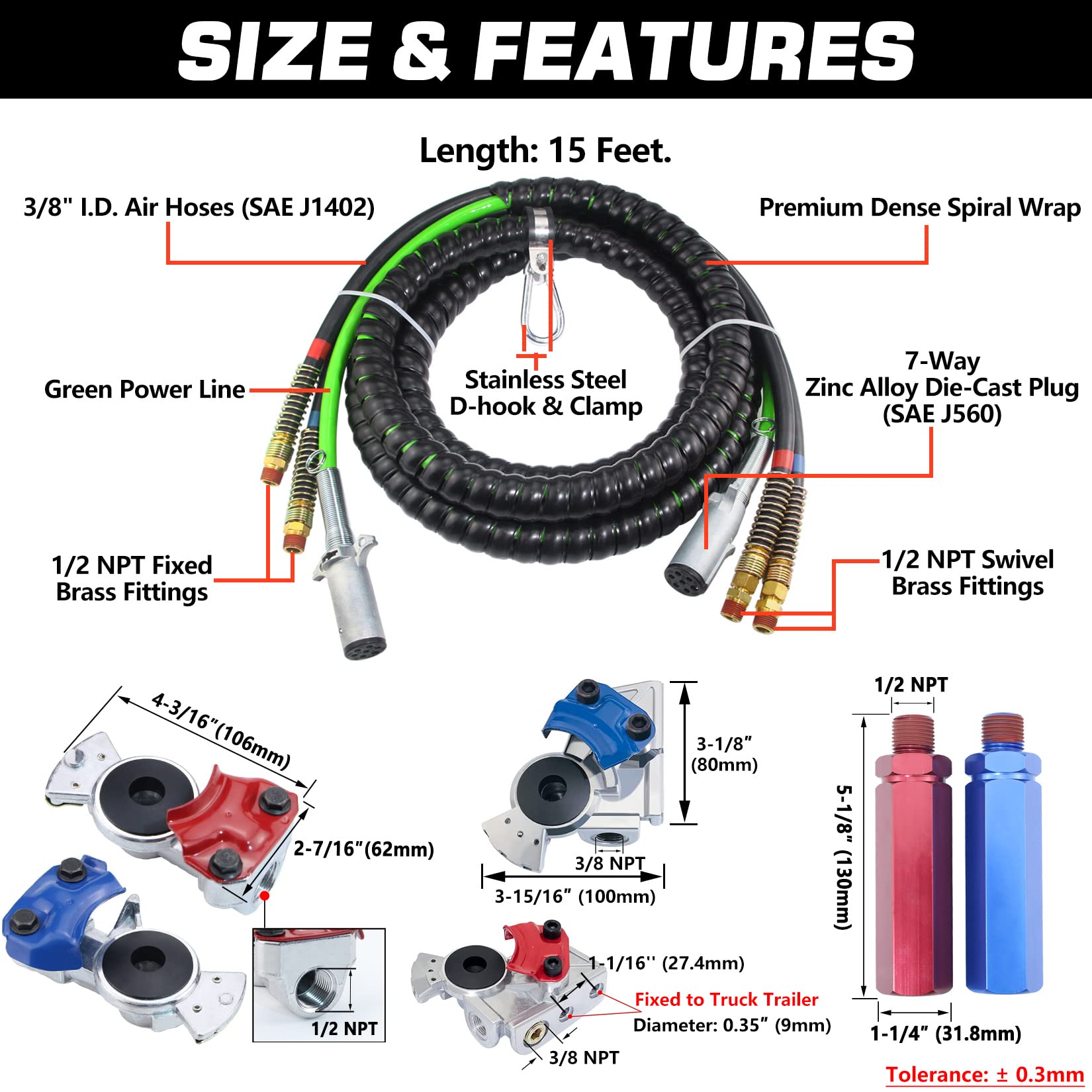**15 Ft Heavy Duty 3-in-1 Air Line Hose Kit for Semi Trucks & Tractor Trailers – ABS Power Cord, 37° Glad Hands, Rubber Seals & Teflon Tape – Ideal for Brake Systems, Air Supply & Towing**    *(Use Case: Perfect for professional truck drivers, fleet maintenance, and long-haul towing operations.)*