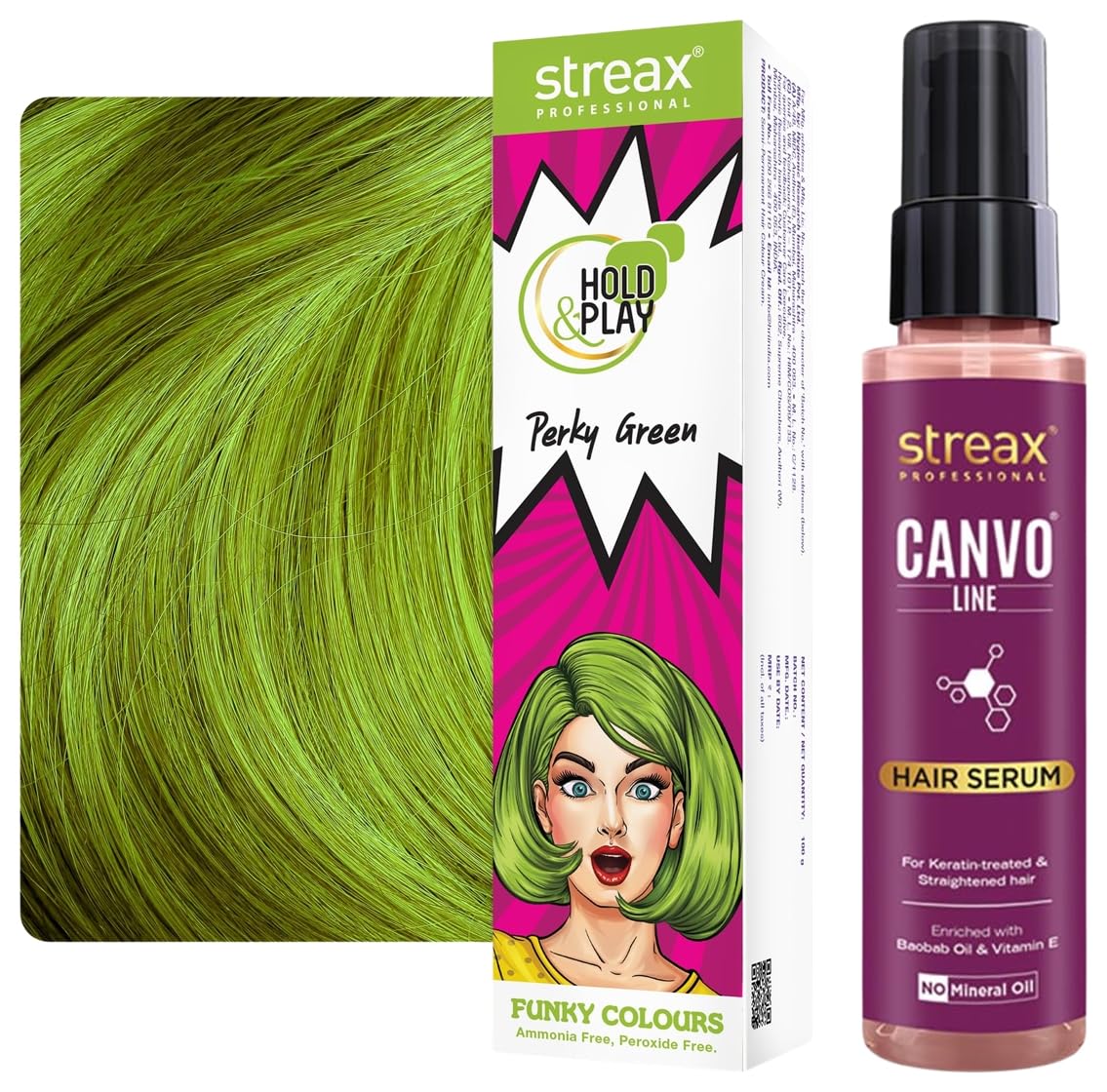 Streax Professional Canvoline Hair Serum for Women - Straight & Silky Hair Treatment | 100ml with Funky Color Hold & Play | Perky Green Hair Color 100g | Perfect for Styling, Smoothing & Vibrant Hair Coloring at Home