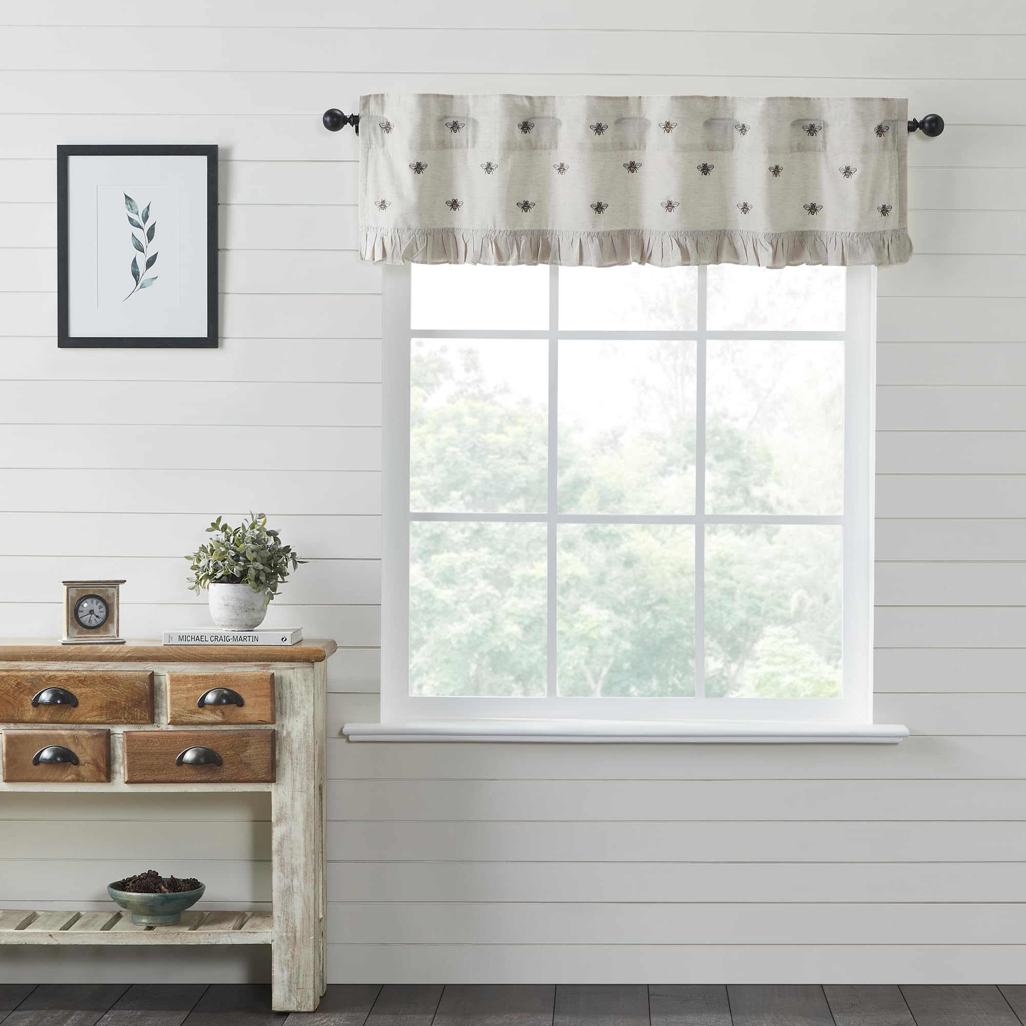 VHC Brands Embroidered Bee Farmhouse Window Valance Curtain - Ruffled Creme Yellow Grey 16x60 - Perfect for Kitchen, Living Room & Bedroom Decor