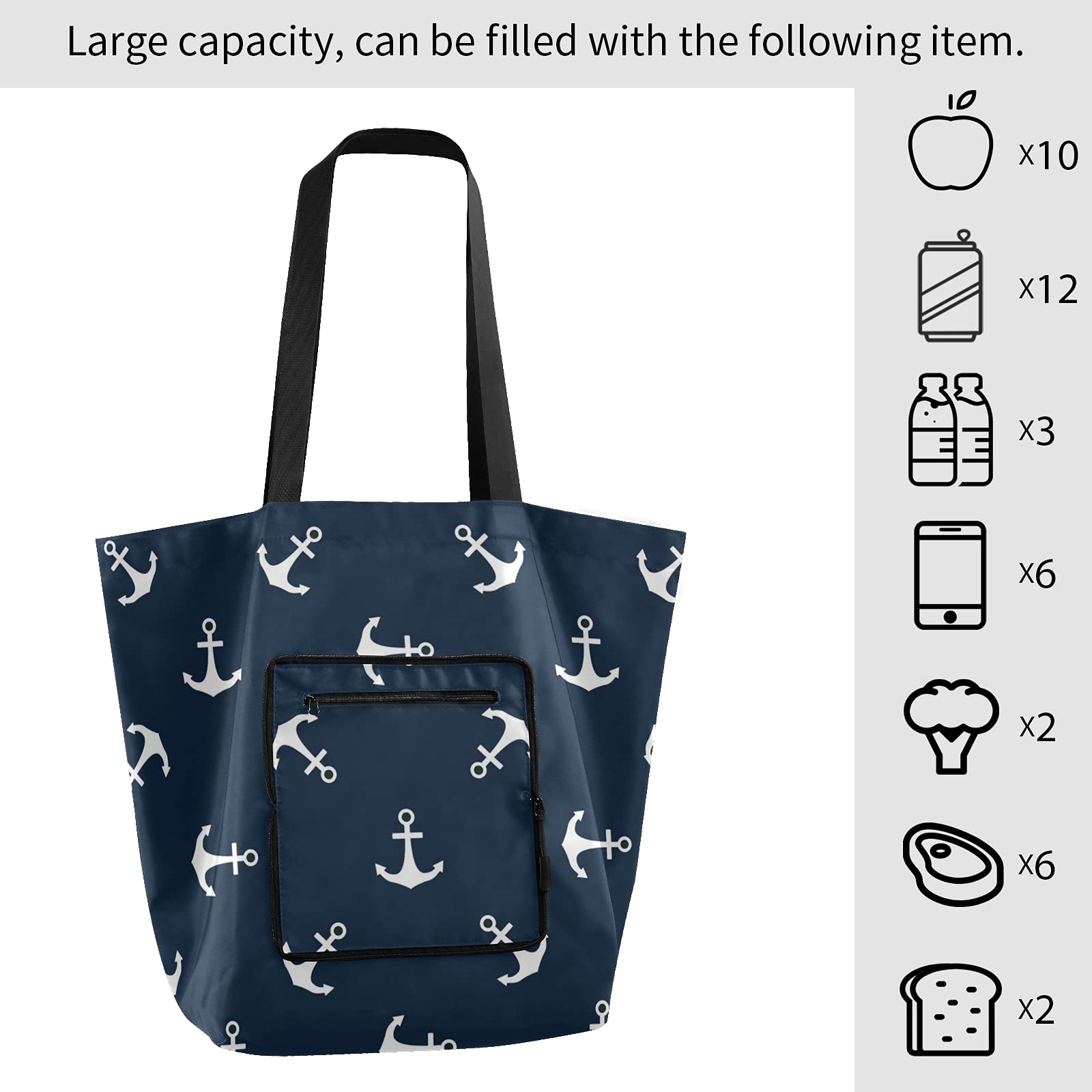 ALAZA Ocean Anchor Nautical Blue Large Reusable Tote Bag - Foldable Lightweight Grocery Shopping Bag with Handles for Women, Beach, Picnic, Travel & Outdoor Activities