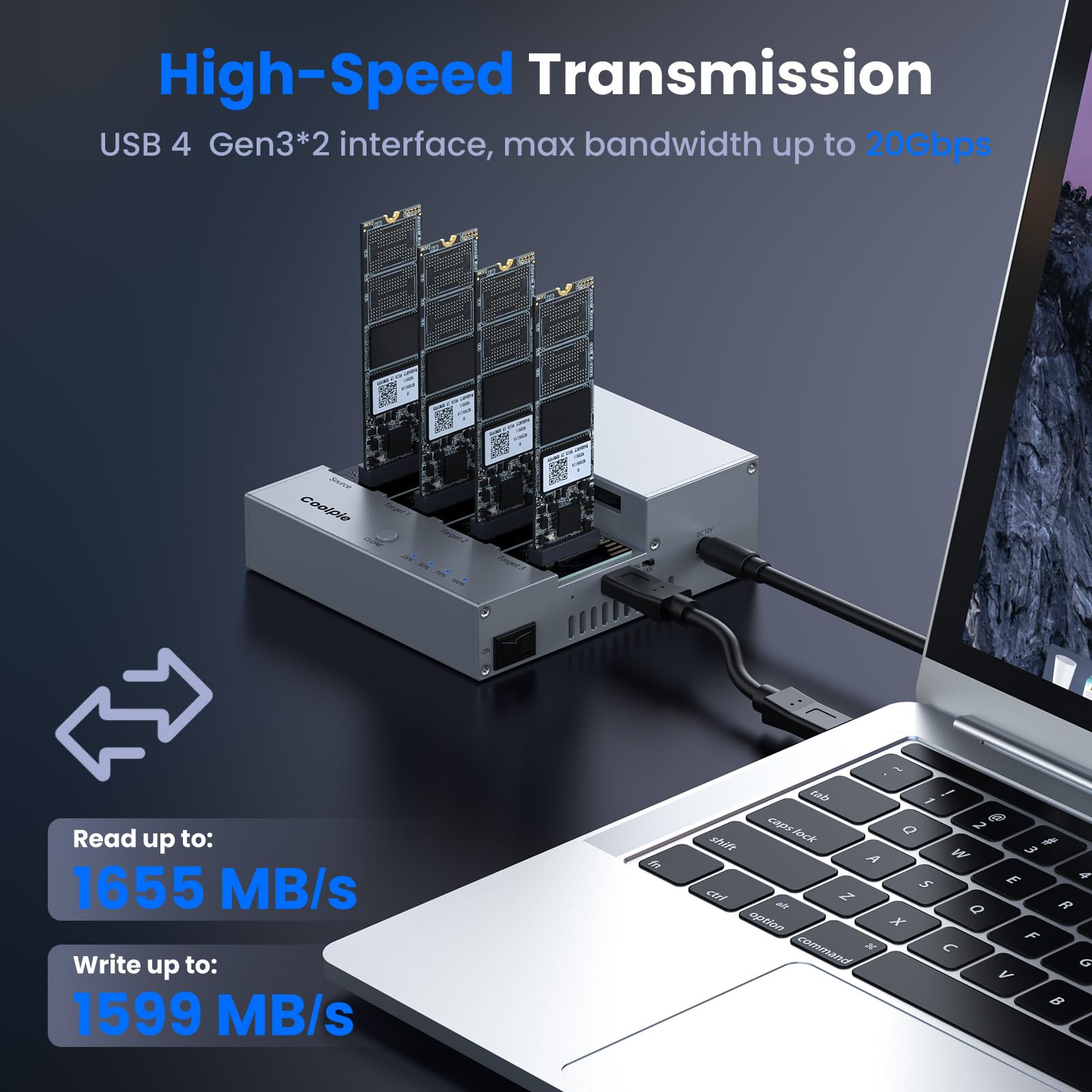Coolpie CR510 4-Bay M.2 NVMe SSD Cloner - 20Gbps High-Speed Offline Duplicator with Cooling Fans, Tool-Free Design for 2230/2242/2260/2280/22110 SSDs - Perfect for Data Centers, IT Professionals & Secure Backup Solutions