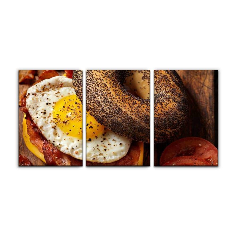 Gracelapin Modern Canvas Wall Art - Poppyseed Bagel Sandwich with Fried Egg, Bacon & Cheese Oil Painting Set (16x24 Inch, 3 Panels) - Perfect for Home, Office & Bedroom Decor