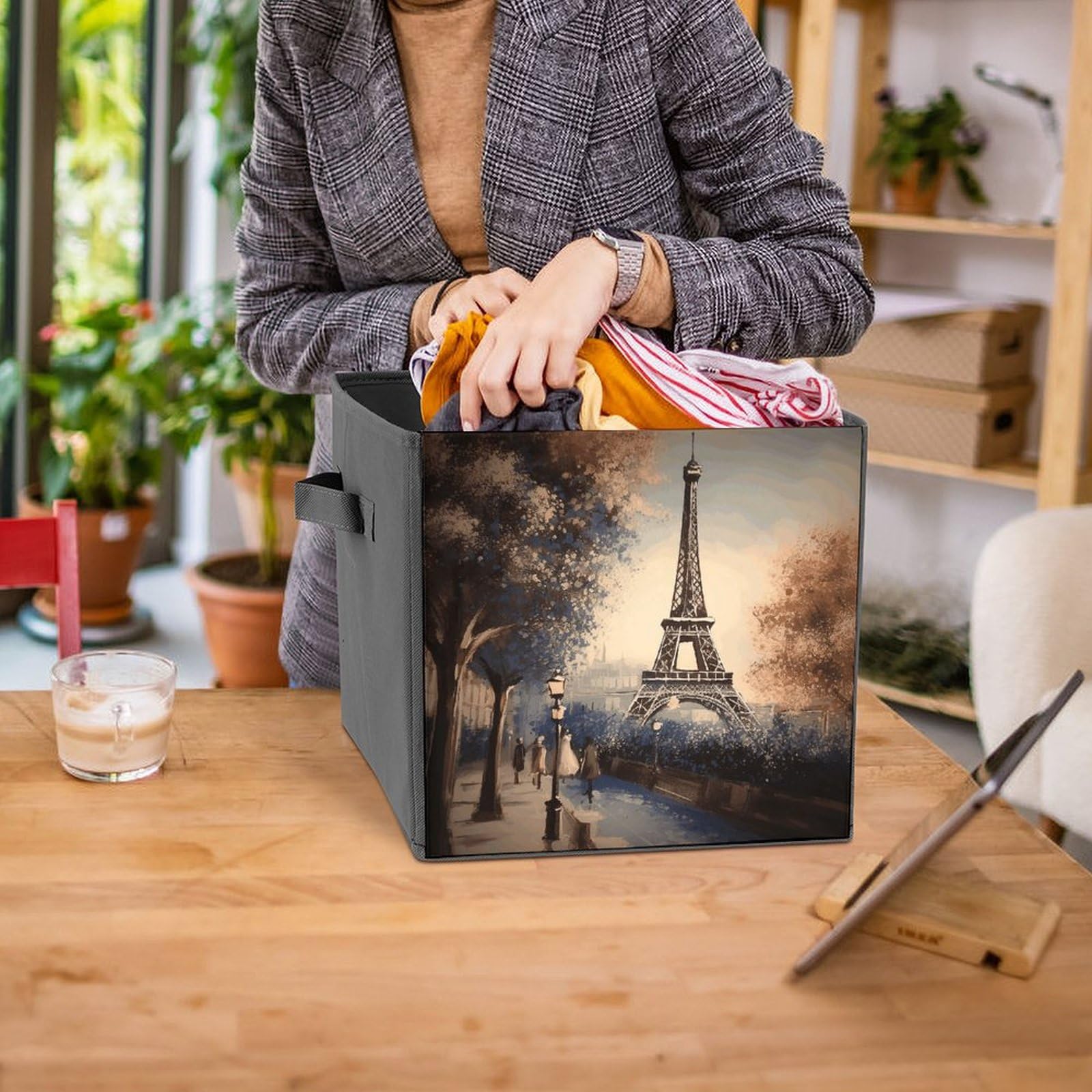 Foldable Storage Bins with Paris Eiffel Tower Print - Large Capacity Multi-Functional Organizer Box for Home, Office & Closet Organization (1-Pack) - Perfect for Storing Toys, Clothes, Books & Household Items