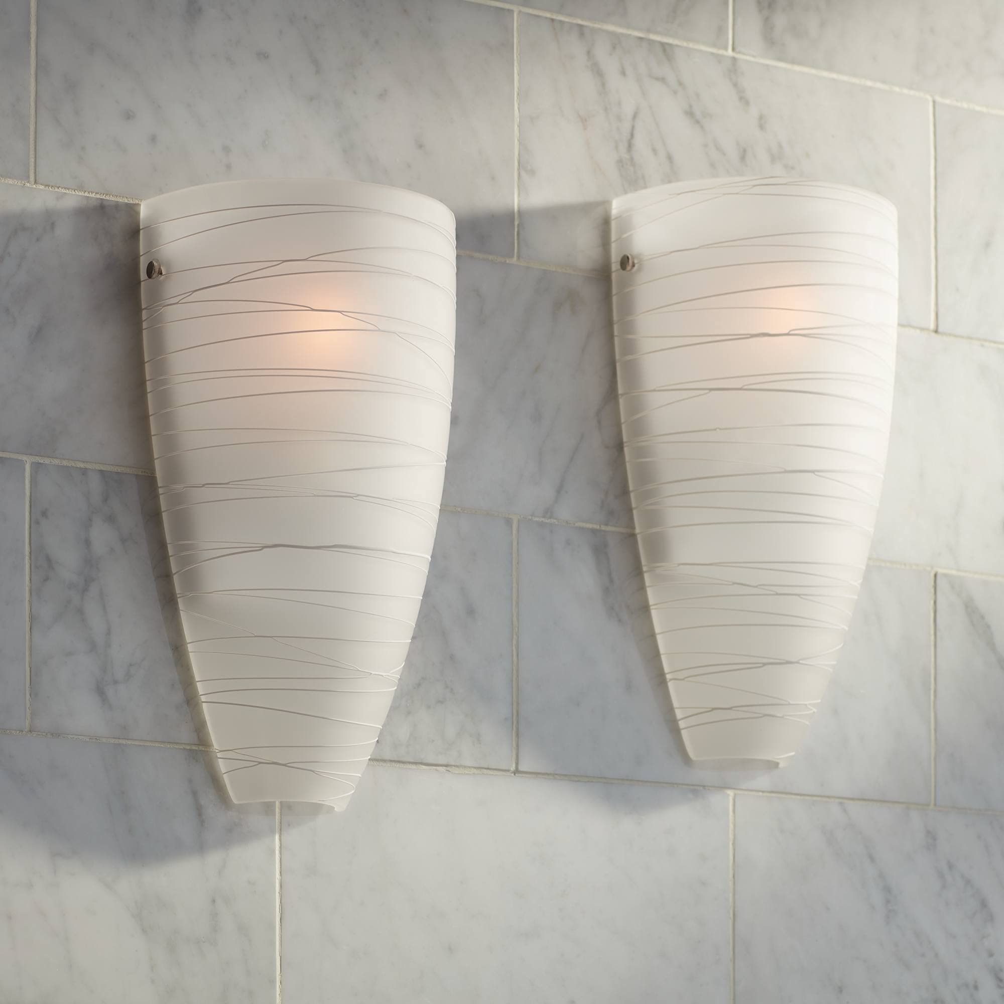 Possini Euro Design Isola Modern Wall Sconces - Set of 2 White Striped Glass Hardwired Light Fixtures (13.25