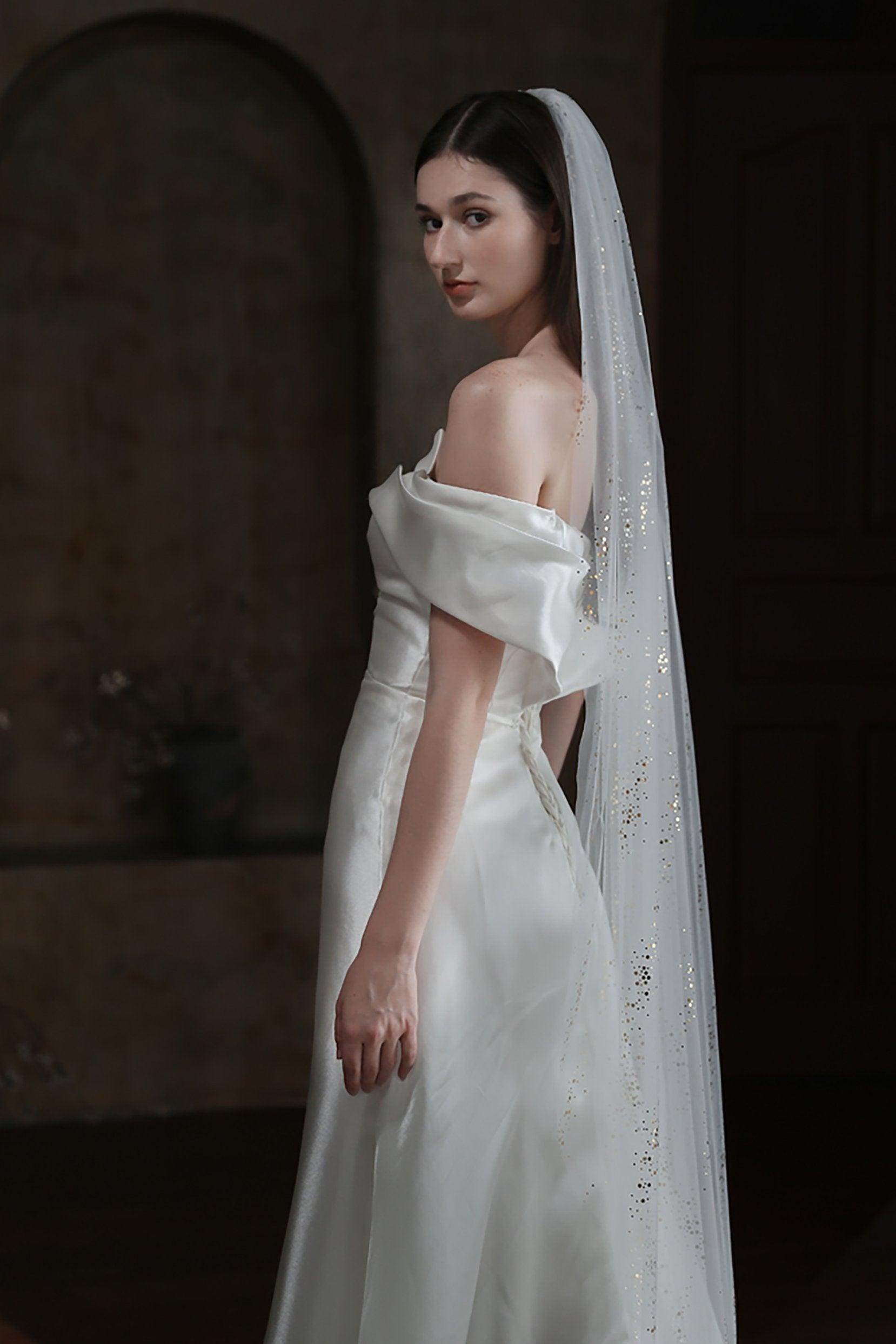 Elegant One-Tier Cut Edge Tulle Wedding Veil with Sequin Embellishments CV0315 - Perfect for Bridal Showers, Tea Parties & Vintage-Inspired Weddings