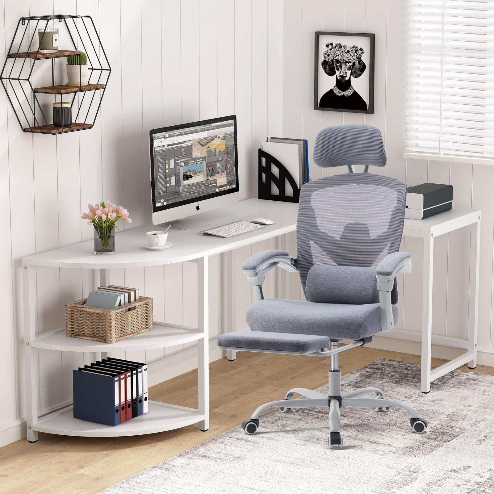 Ergonomic Office Chair with Wheels - Adjustable Headrest & Lumbar Support, Soft Armrests for Computer Desk - Perfect for Home Office, Gaming, and Long Work Sessions