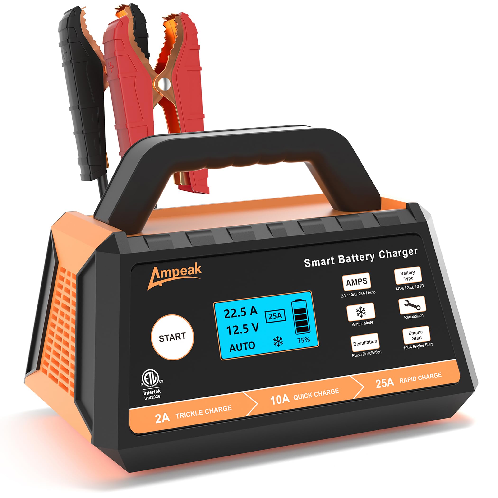 Ampeak 12V 25A Fully Automatic Car Battery Charger with Winter Mode & Auto Desulfator - Smart Charger for All Lead-Acid Batteries (Cars, Trucks, SUVs, Motorcycles, Boats) - Ideal for Cold Weather & Battery Maintenance