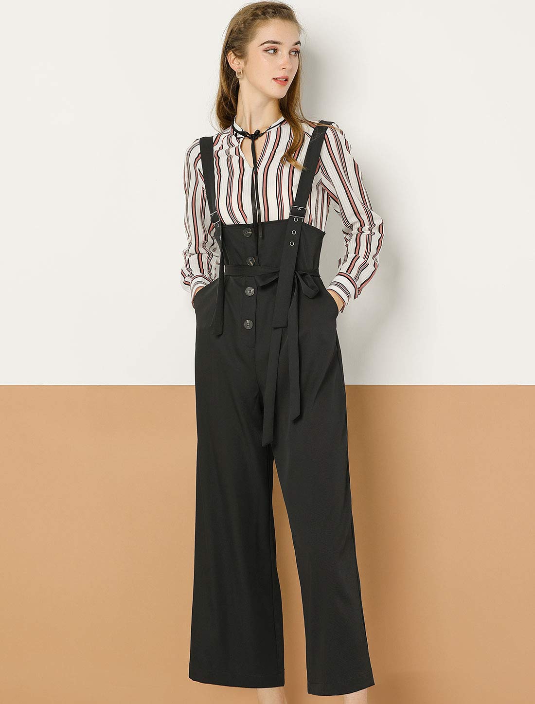 Allegra K Women's High Waist Wide Leg Belted Jumpsuit with Buttons - Casual Long Overalls for Work, Travel & Everyday Wear