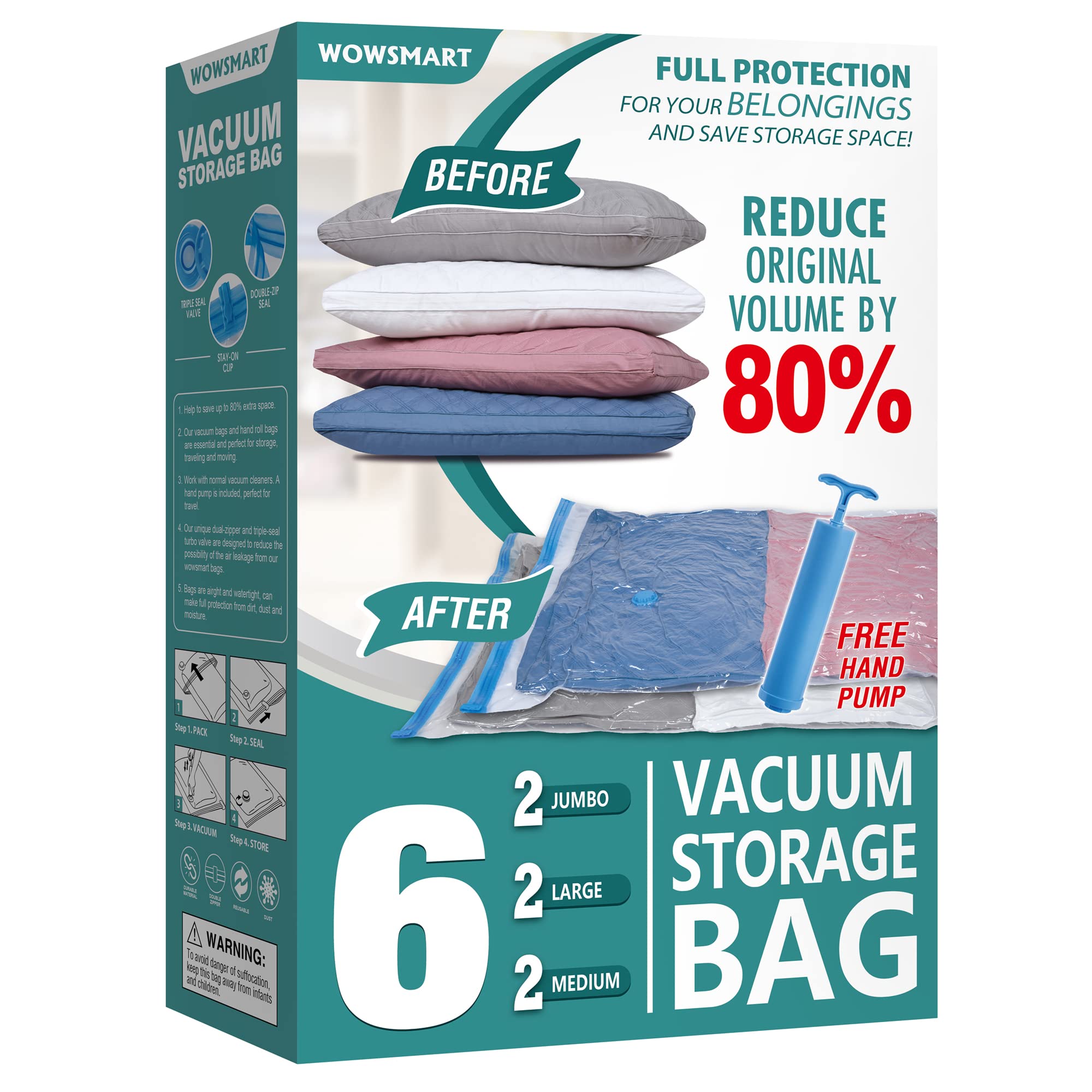 6-Pack Space Saver Vacuum Storage Bags - Jumbo/Large/Medium Sizes with Hand Pump - Sealable Bags for Clothes, Comforters, Pillows, Towels & Blankets | Perfect for Seasonal Storage, Travel & Home Organization