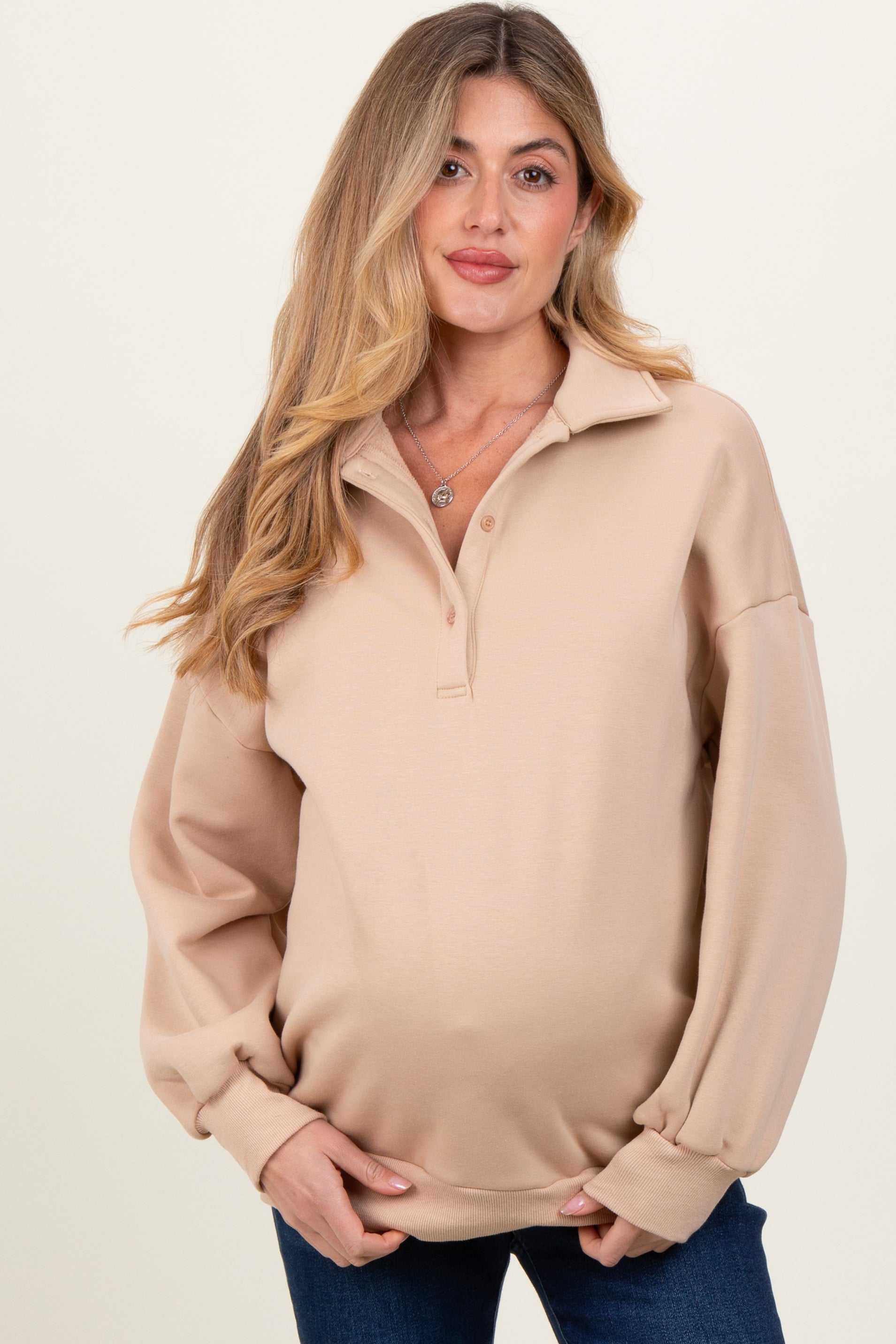 Beige Oversized Long Sleeve Polo Maternity Pullover Sweater - Comfortable & Stylish Pregnancy Top for Work, Casual Outfits & Maternity Photos