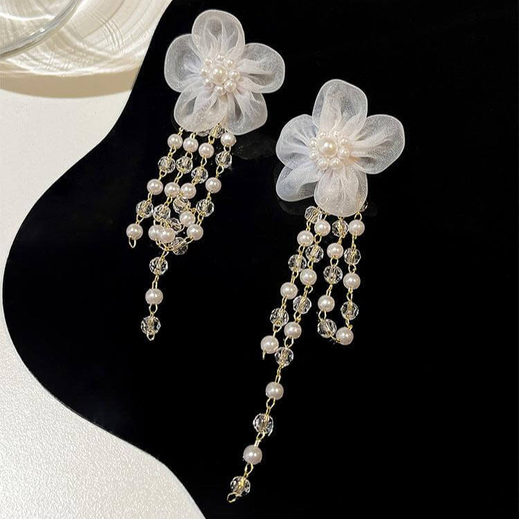 Ivory Pearl Drop Wedding Earrings with Lace Flower Design - Elegant Bridal Jewelry for Weddings, Prom & Formal Events | FM2003