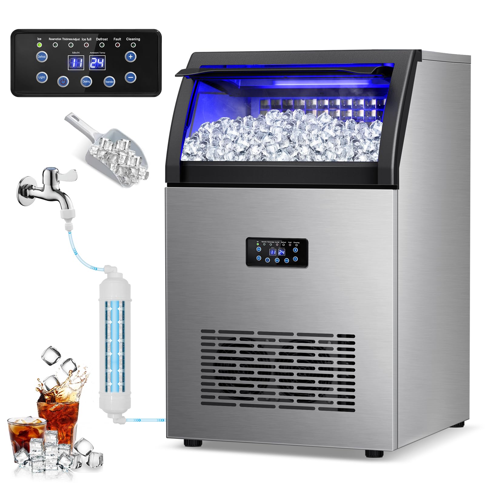 Commercial Ice Maker Machine 150lbs/24H with 45Lbs Storage Bin - Fast 8-Minute Ice Production, Freestanding Countertop Ice Machine for Home, Bar, Office, Restaurant - Perfect for Cocktails, Beverages & Food Preservation