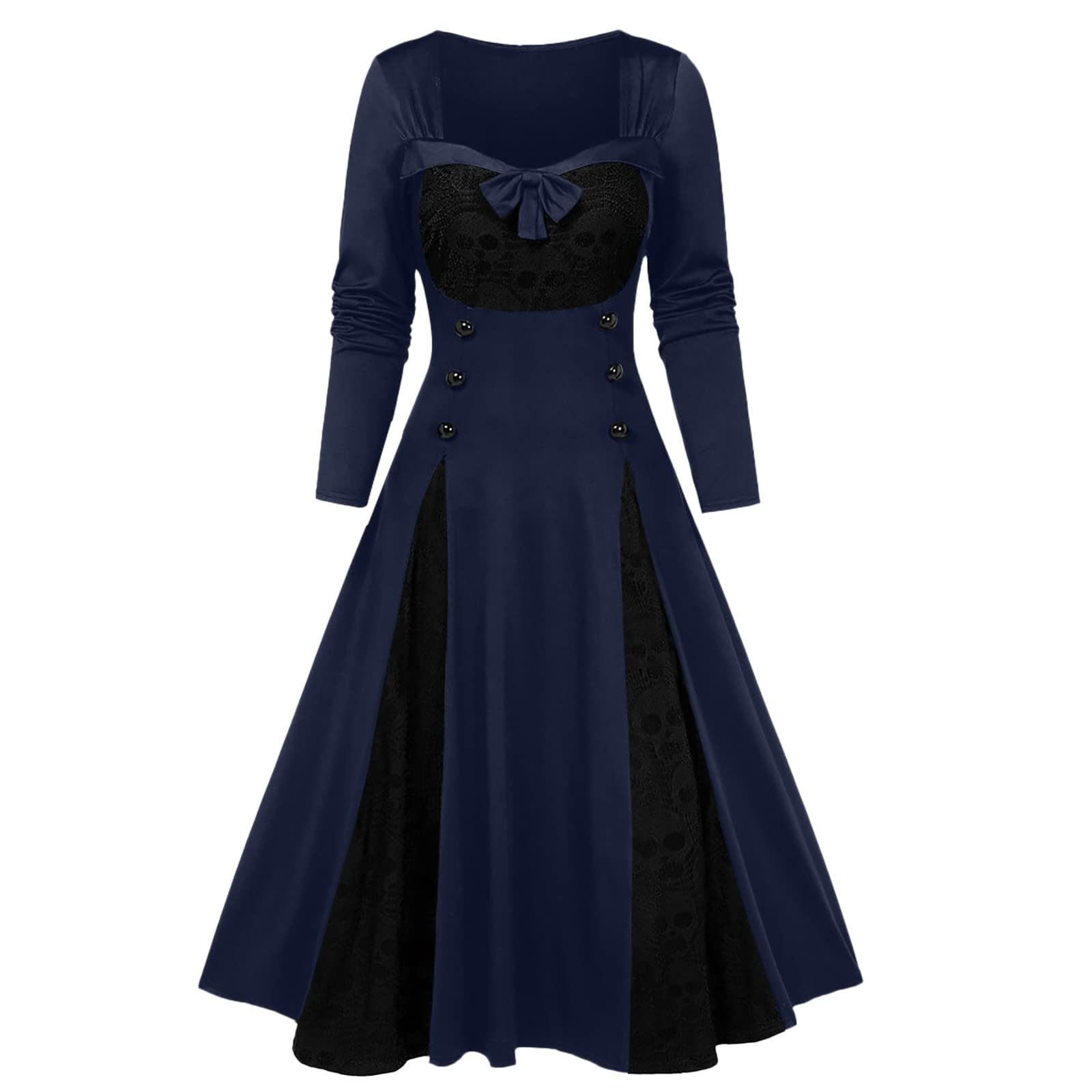 **Plus Size Women's Halloween Skull Lace Dress - Vintage Medieval Style with Mock Button & Bowknot - Perfect for Costume Parties, Cosplay, and Gothic Fashion**