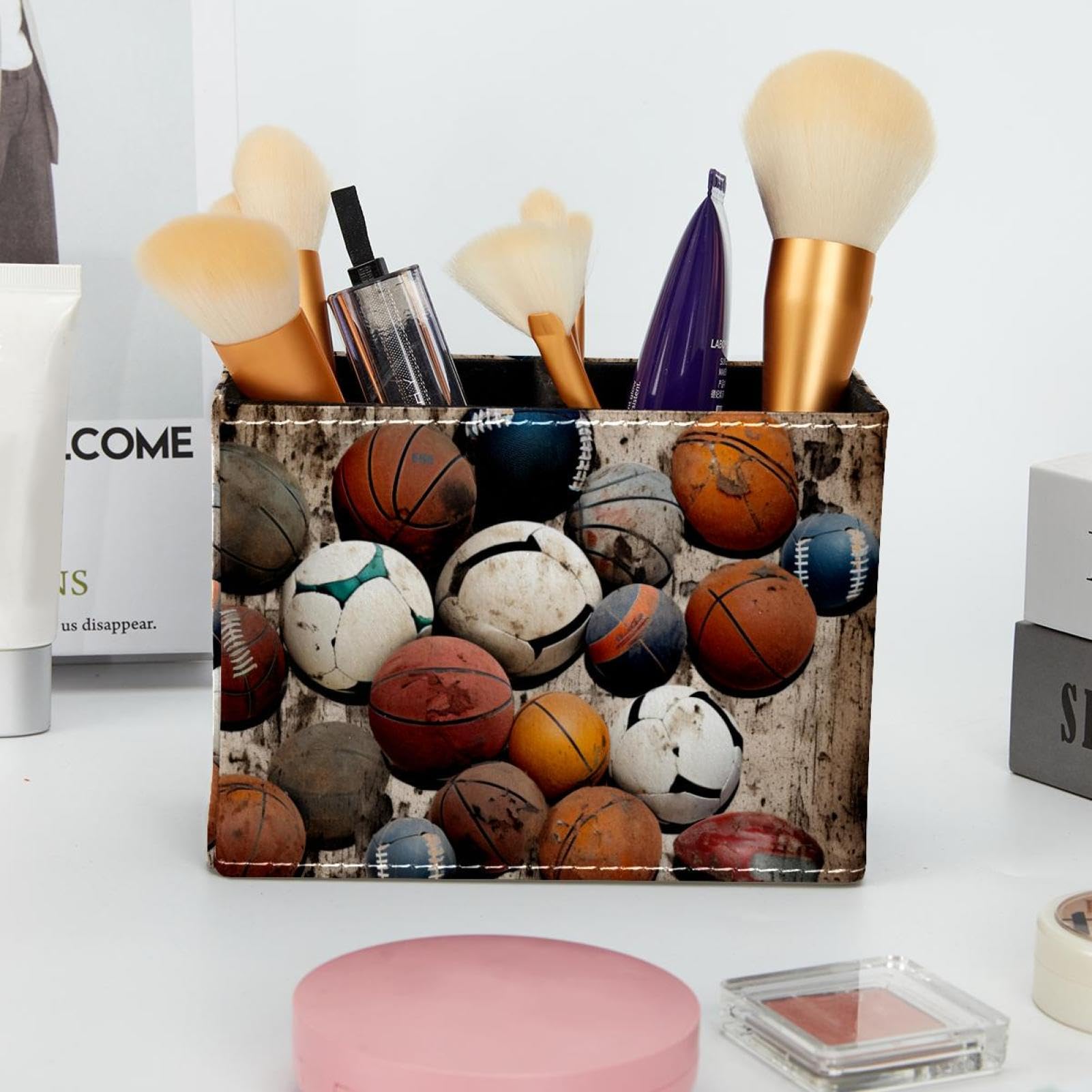 Basketball Themed Pen Holder for Desk - Stylish Pen Organizer with Sports Design for Baseball, Football Fans - Perfect Desk Accessories for Office, School, and Home Workspace