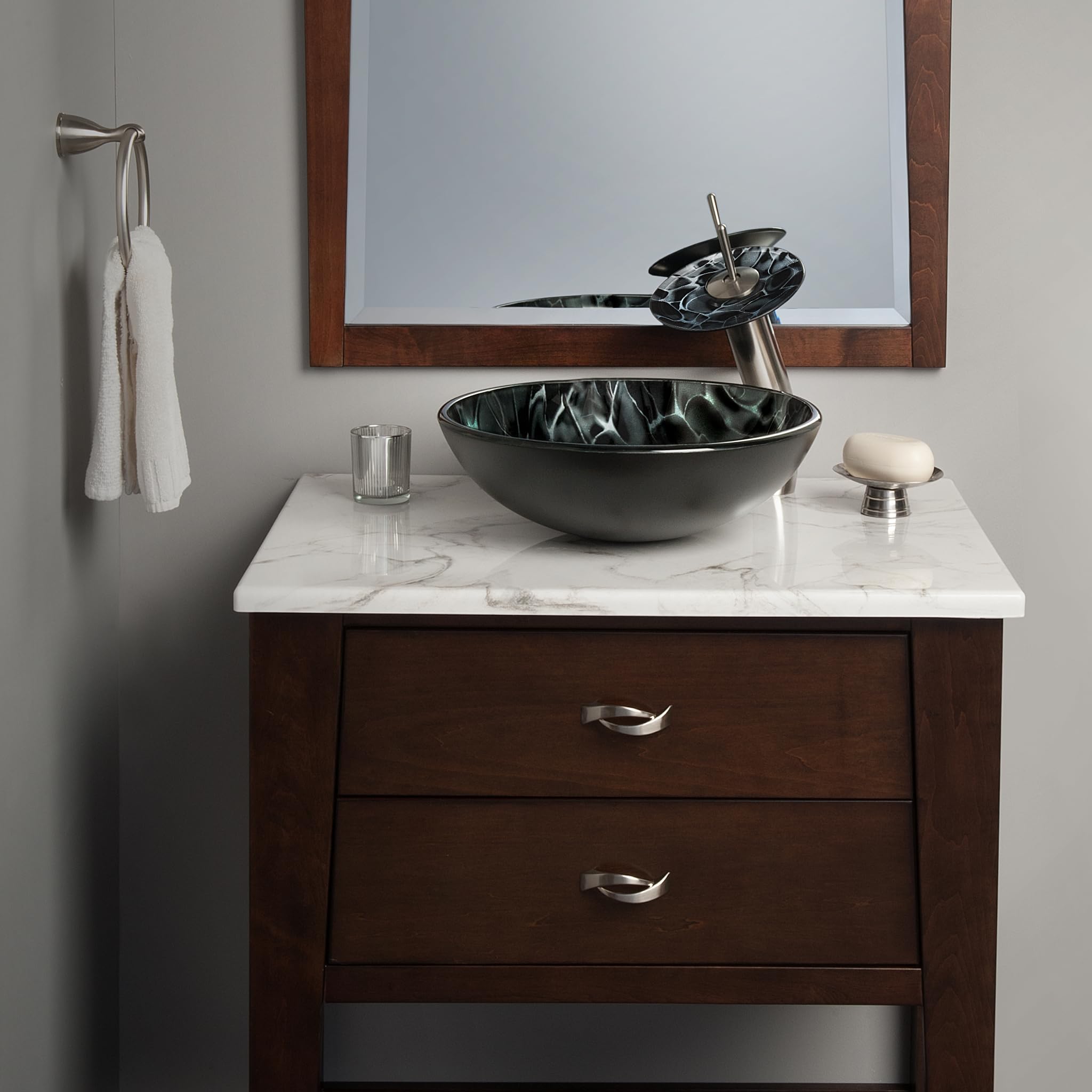 Novatto TARTARUGA Modern Glass Vessel Bathroom Sink - Round Above Counter Bathroom Vanity Sink for Contemporary Home Decor, Spa & Luxury Bathroom Design