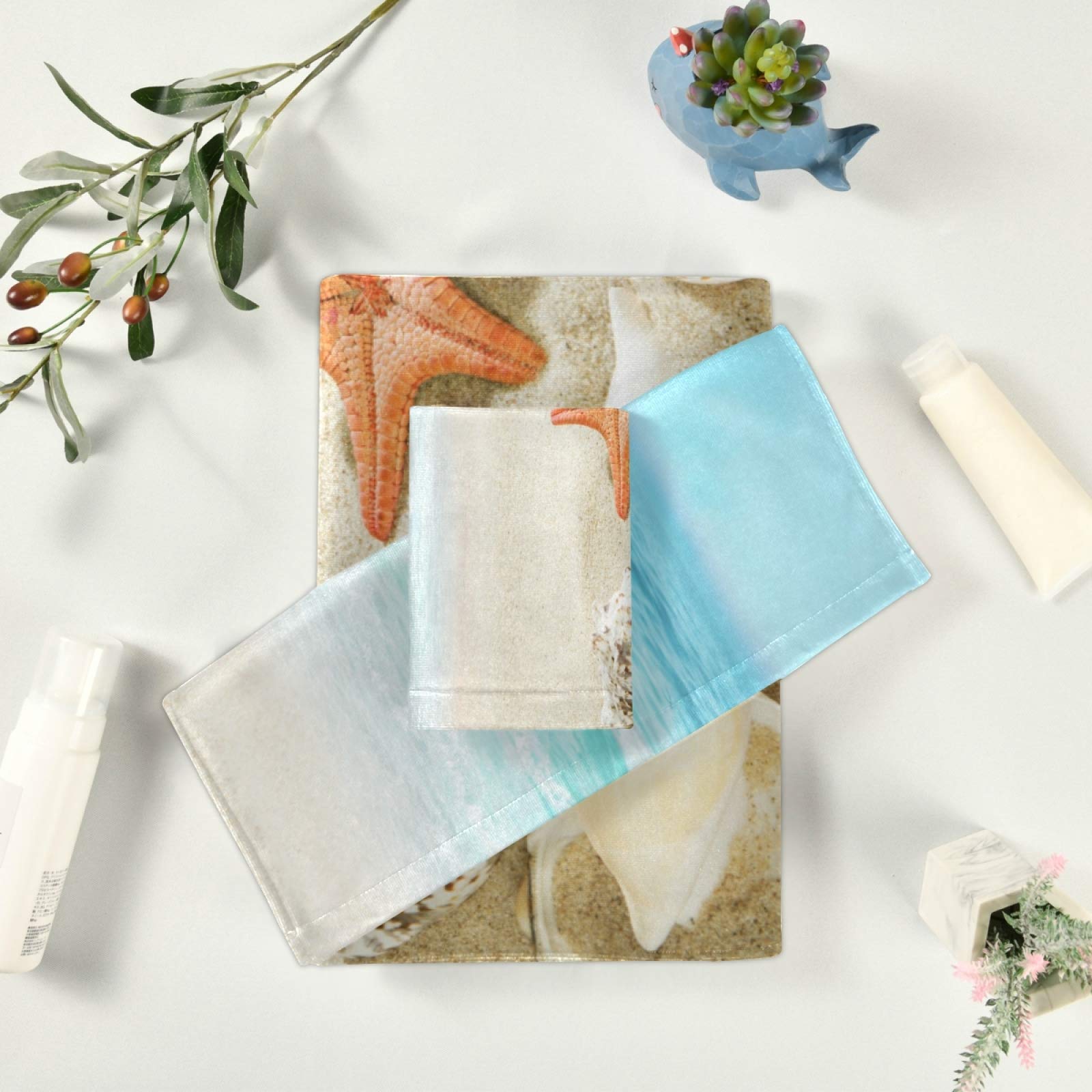 ALAZA Luxury Soft Starfish Seashell Bath Towel Set - 1 Bath Towel, 1 Hand Towel, 1 Washcloth - Decorative Beach Towels for Bathroom, Kitchen, Spa & Summer Vacation - Premium 3-Piece Towel Set for Home & Travel