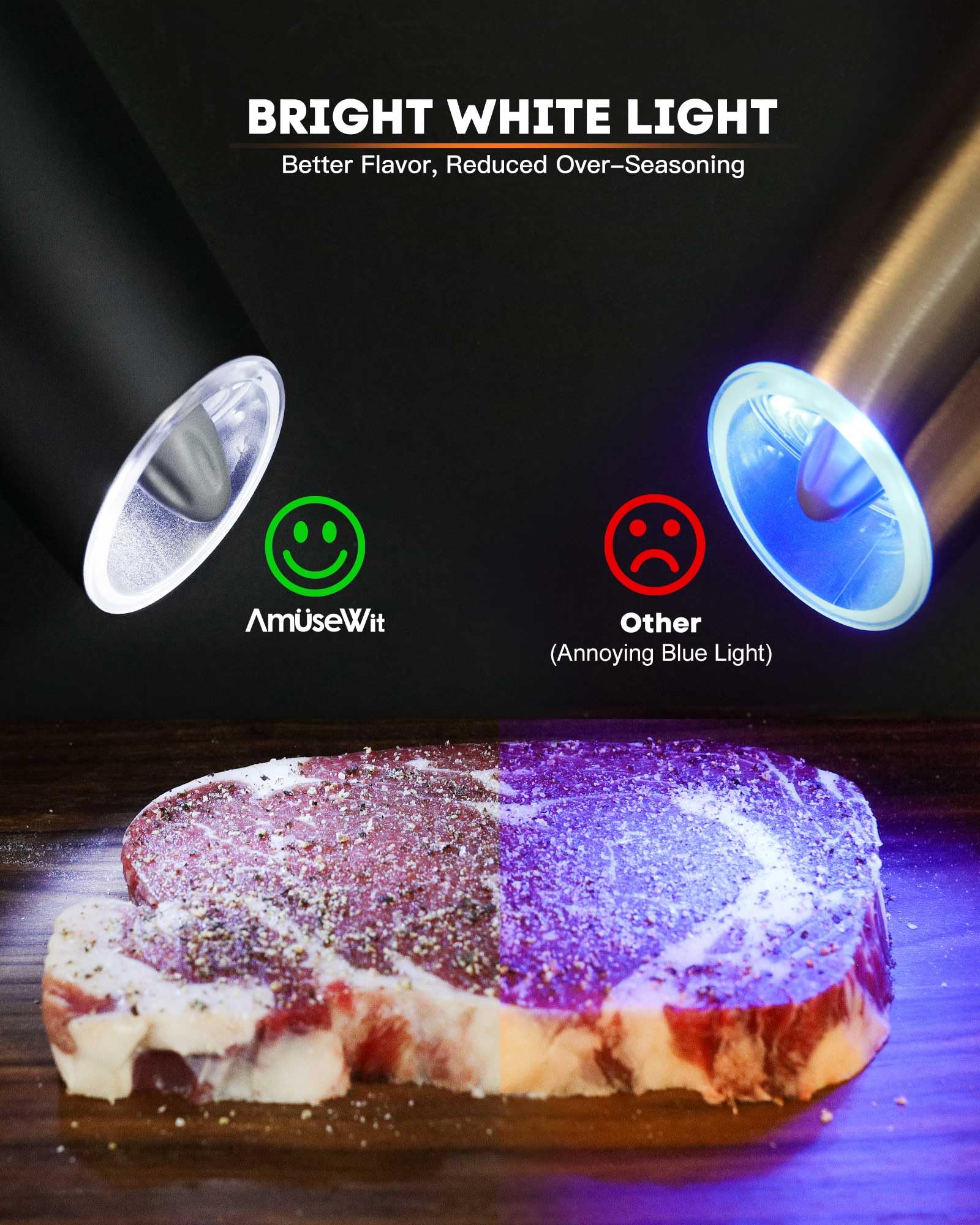 AmuseWit Electric Gravity Pepper Mill & Salt Grinder - Battery Operated Automatic Spice Grinder with LED Light, Adjustable Coarseness, One-Hand Operation & Cleaning Brush (Black) - Perfect for Kitchen, Dining Table & Outdoor Cooking