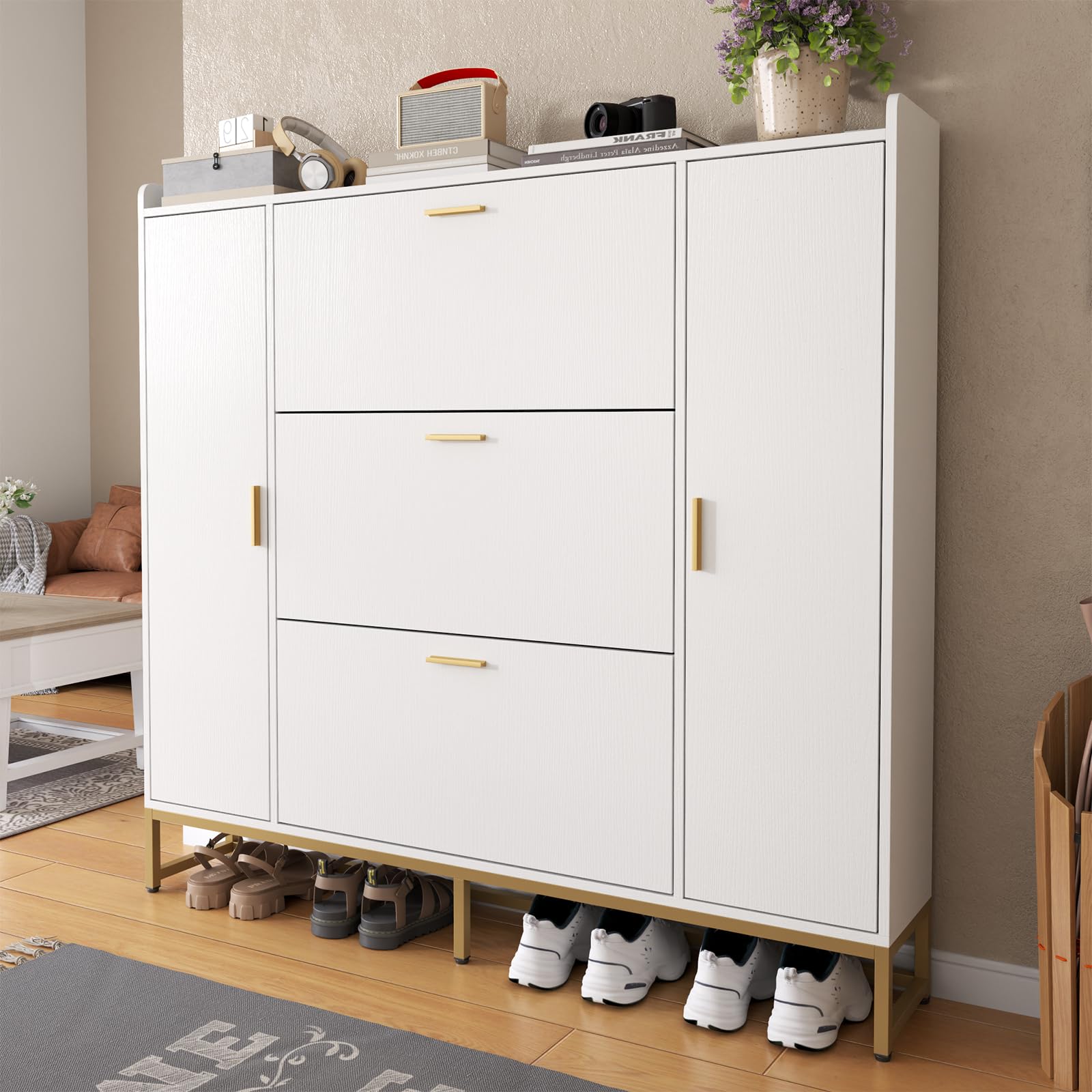 Modern White Shoe Cabinet with 3 Flip Drawers & 2 Storage Compartments - Freestanding Entryway Organizer with Metal Legs for Hallway, Living Room, Bedroom - Slim Shoe Storage Rack for Sneakers, Boots & Home Organization