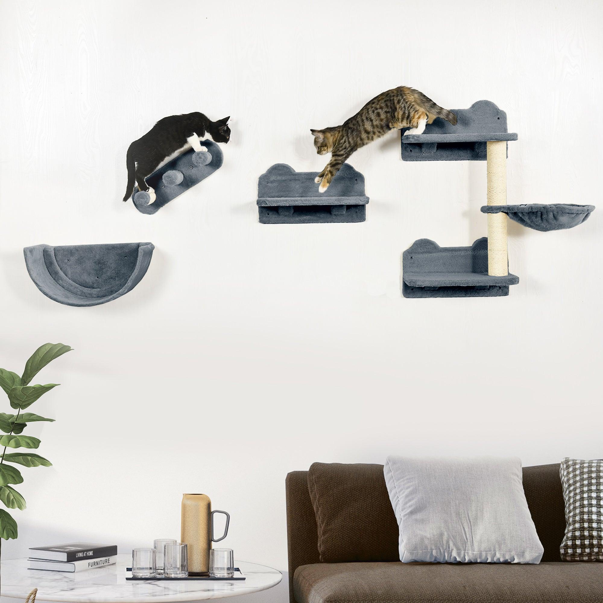 4-Piece Cat Wall Shelves Set with Hammock, Scratching Post & 3 Steps - Climbing Perch for Cats to Sleep & Play - Space-Saving Gray Cat Furniture for Small Apartments & Pet-Friendly Homes