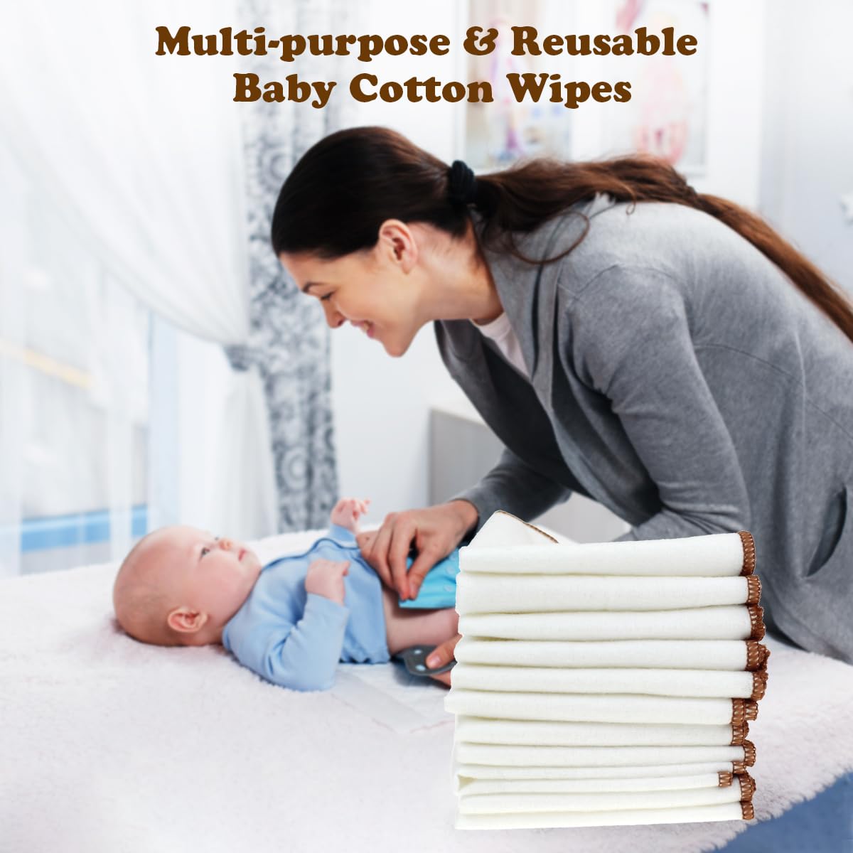 Mama Koala Organic Cotton Reusable Baby Wipes - 30 Pack Washable Cloth Diaper Wipes & Face Wipes, Unbleached Natural Fabric with Waterproof Storage Pouch (7.8x7.8 Inches) - Perfect for Diaper Changes, Face Cleaning & On-the-Go Baby Care