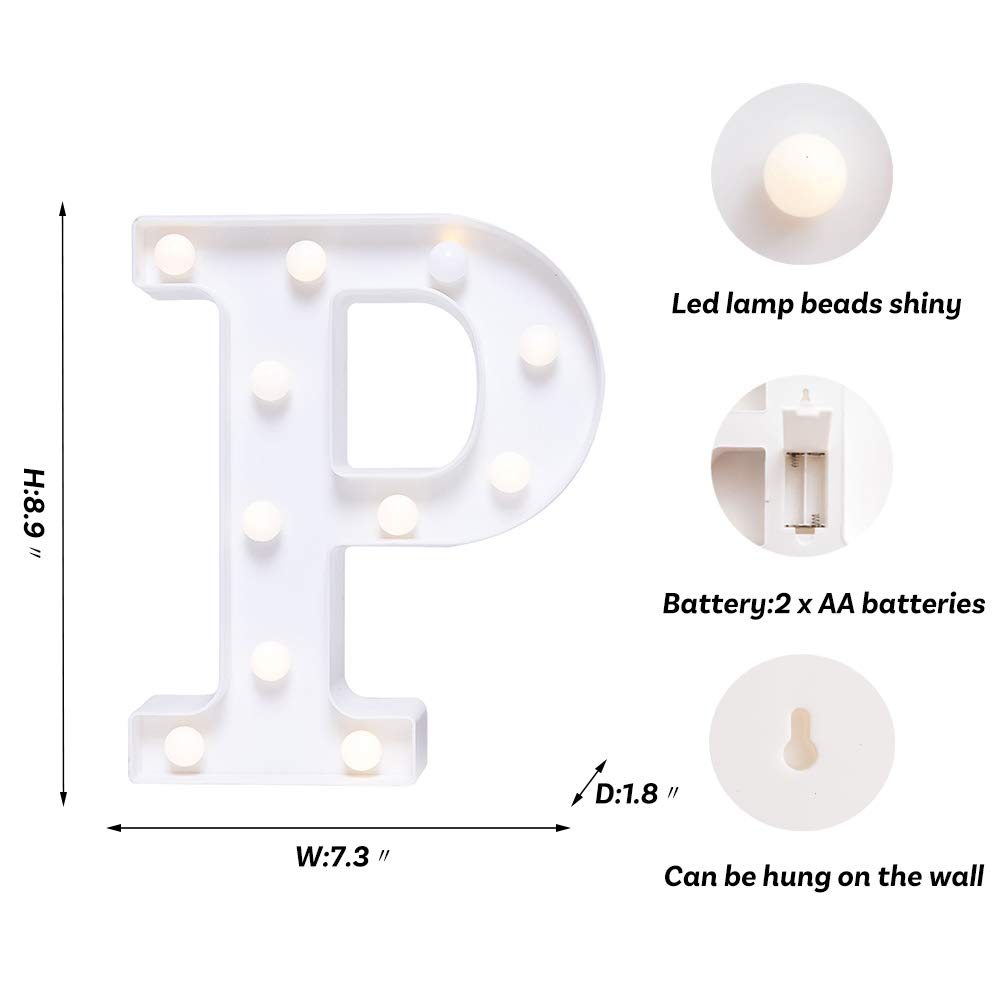 LED Light Up Letters Sign - Battery Powered Alphabet Wall Decor for Wedding, Birthday, Party & Christmas - Night Light for Home, Bar, Nursery & Bedroom (Letter P)