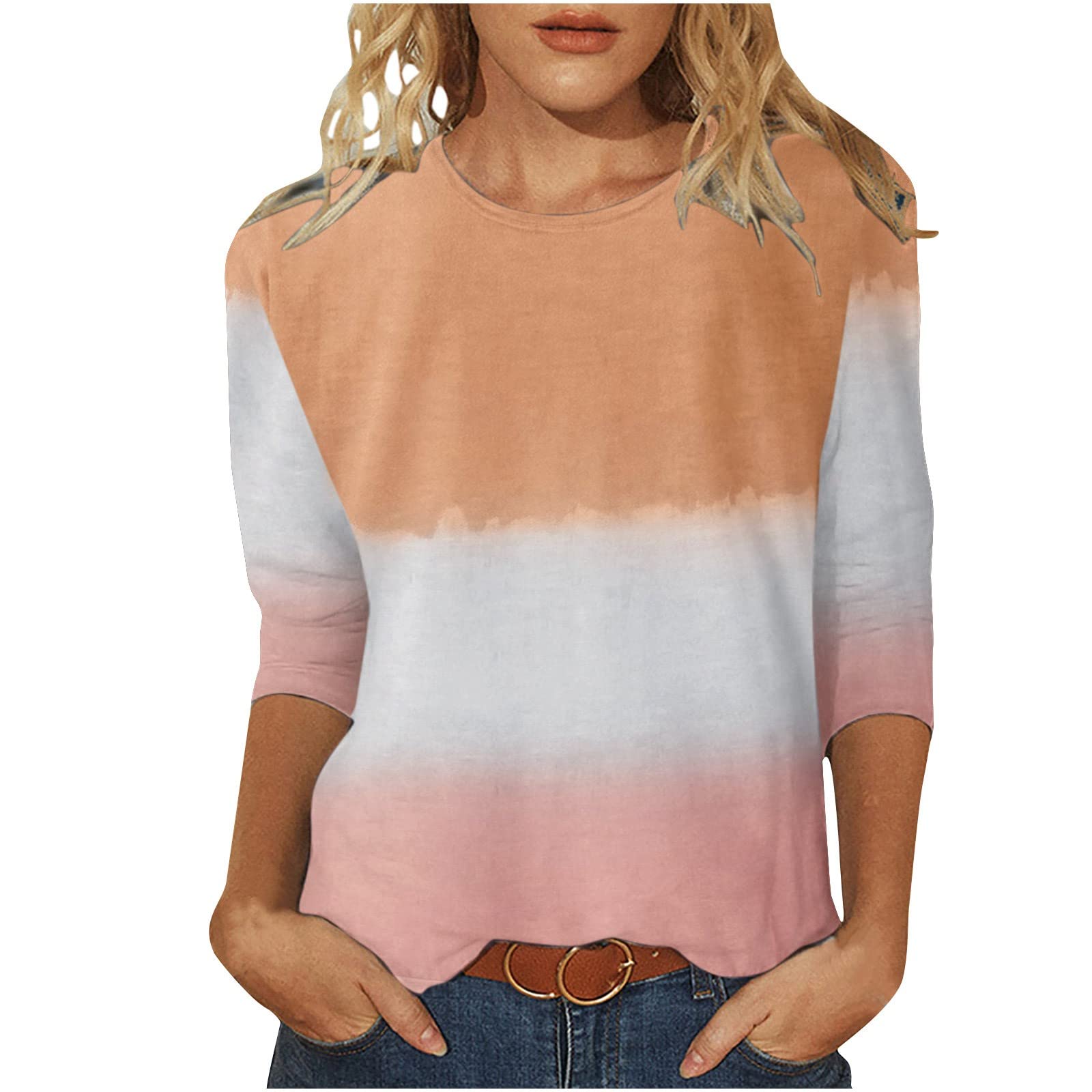 Women's Casual 3/4 Sleeve Color Block Print Tee Shirt - Lightweight Loose Fit Henley Tops for Everyday Wear | Perfect for Work, Weekend Outings & Relaxing at Home