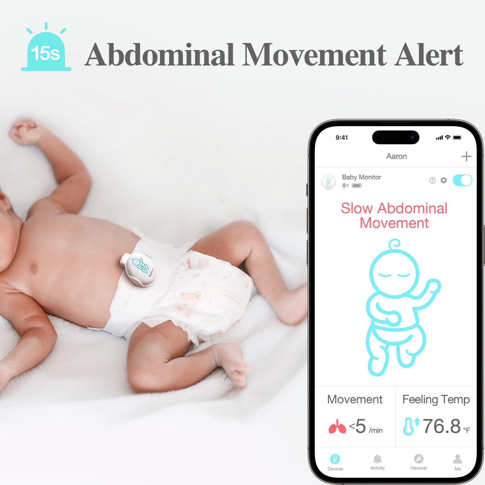 Sense-U Smart Baby Monitor - Track Abdominal Movement, Body Temperature & Rollover with Real-Time Alerts for Newborns & Infants | Perfect for Nursery, Daycare & Travel Safety