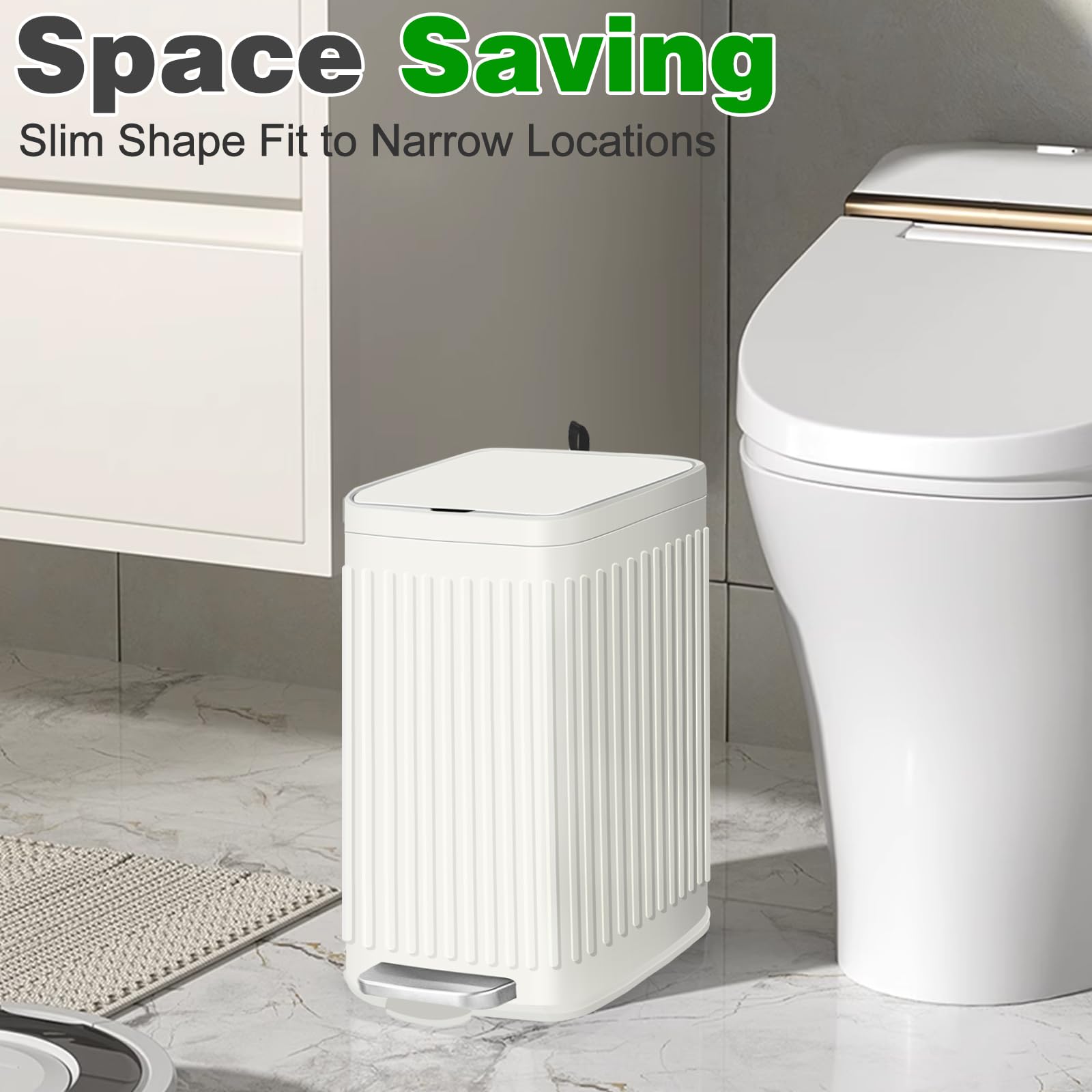 Slim 7L/1.85 Gallon Stainless Steel Bathroom Trash Can with Soft Close Lid & Built-in Air Freshener - Step Pedal Garbage Bin with Removable Inner Bucket for Bathroom, Office, Bedroom (White) - Perfect for Small Spaces & Odor Control