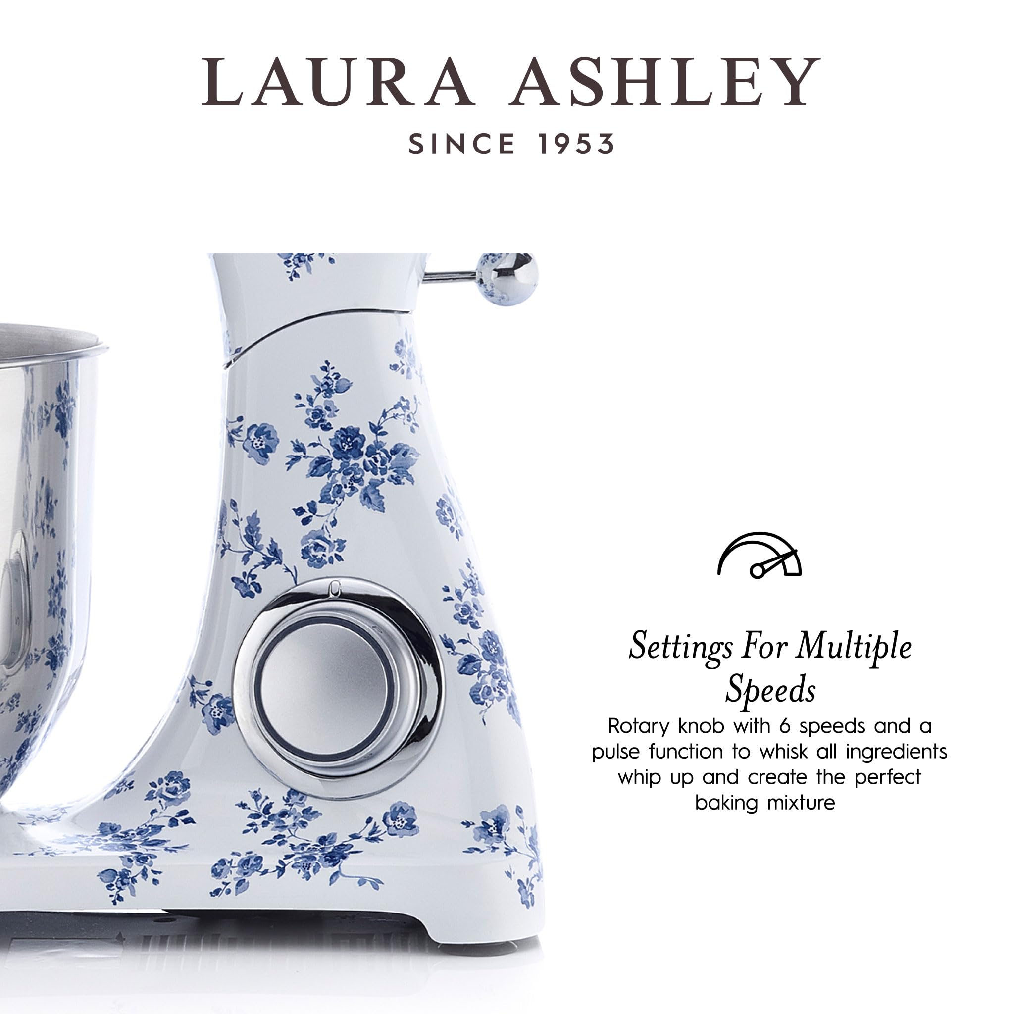 Laura Ashley 800W 6.3-Quart Electric Stand Mixer with 5 Attachments - Powerful Kitchen Mixer for Baking Cakes, Cookies & Dough - Includes Dough Hook, Beater, Egg Whisk & Splash Cover - Perfect for Home Bakers & Small Bakeries
