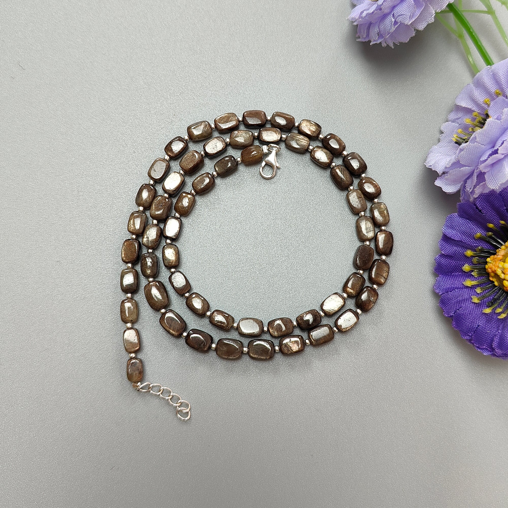 Natural Golden Brown Sapphire Gemstone Beads Necklace - 925 Sterling Silver Jewelry with 5.5x4mm & 7x6mm Cushion Cut Sapphires (21.71g) - Perfect for Weddings, Parties & Special Occasions