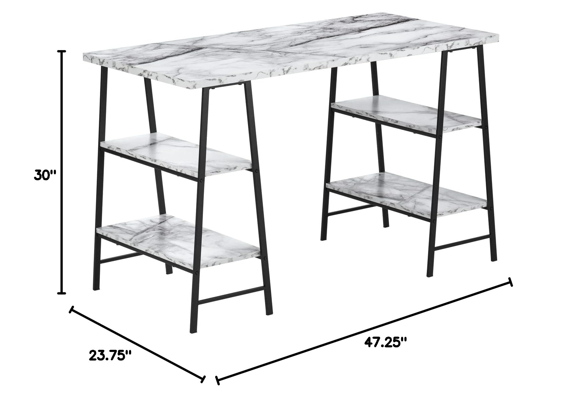 Monarch Specialties I 7527 48-Inch Modern Computer Desk with Storage Shelves - White Marble Look & Black Metal Frame - Home Office & Laptop Workstation for Contemporary Spaces