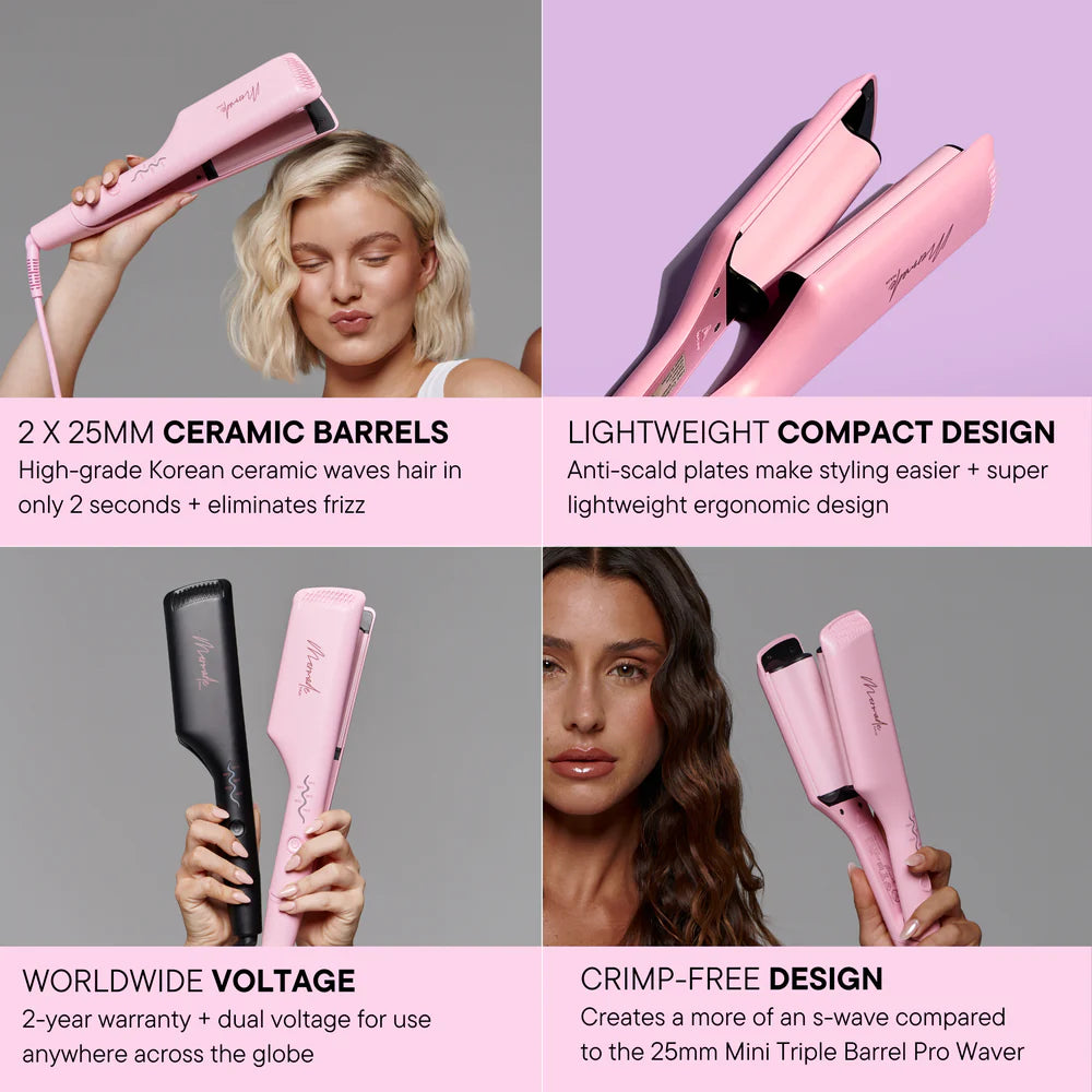 Mermade Hair Pink Double Waver - Professional 2-in-1 Curling Iron for Beach Waves & Loose Curls | Perfect for Parties, Weddings & Everyday Styling