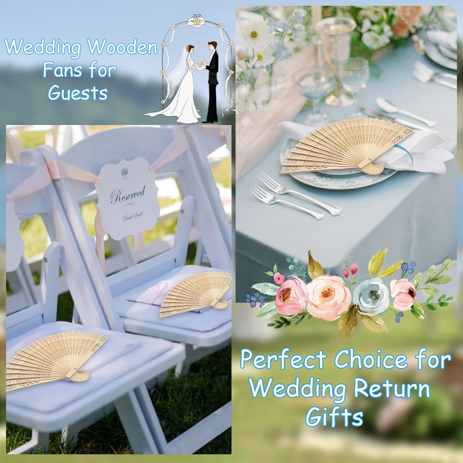 100Pcs Personalized Sandalwood Wedding Folding Hand Fans - Custom Printed Wedding Party Favors with Organza Bags - Elegant Guest Gifts for Outdoor Ceremonies, Beach Weddings & Summer Events (100 Count)