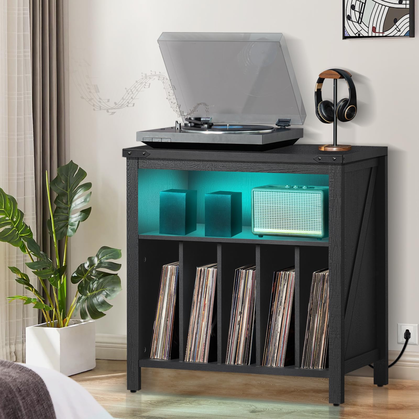 Large Vinyl Record Player Stand with USB Charging Station & LED Lights - Holds 230+ Albums, Turntable Storage Holder with Display Shelf - Perfect for Music Room, Bedroom, Living Room DJ Setup & Vinyl Collection Display