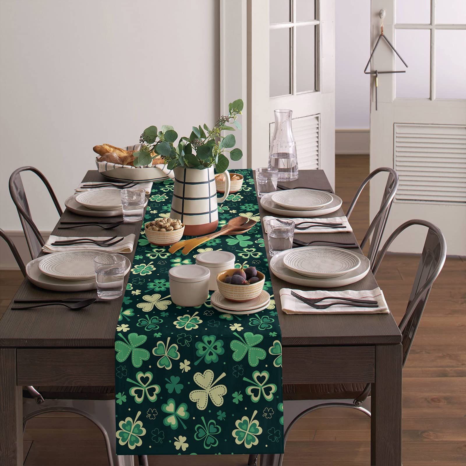 Durable Fabric Table Runner - Saint Patrick's Day Clover Pattern Washable Linen Table Cover for Kitchen, Dining Table, Home Decor (13x70 Inches) | Perfect for Indoor & Outdoor Use, Parties, and Holiday Celebrations