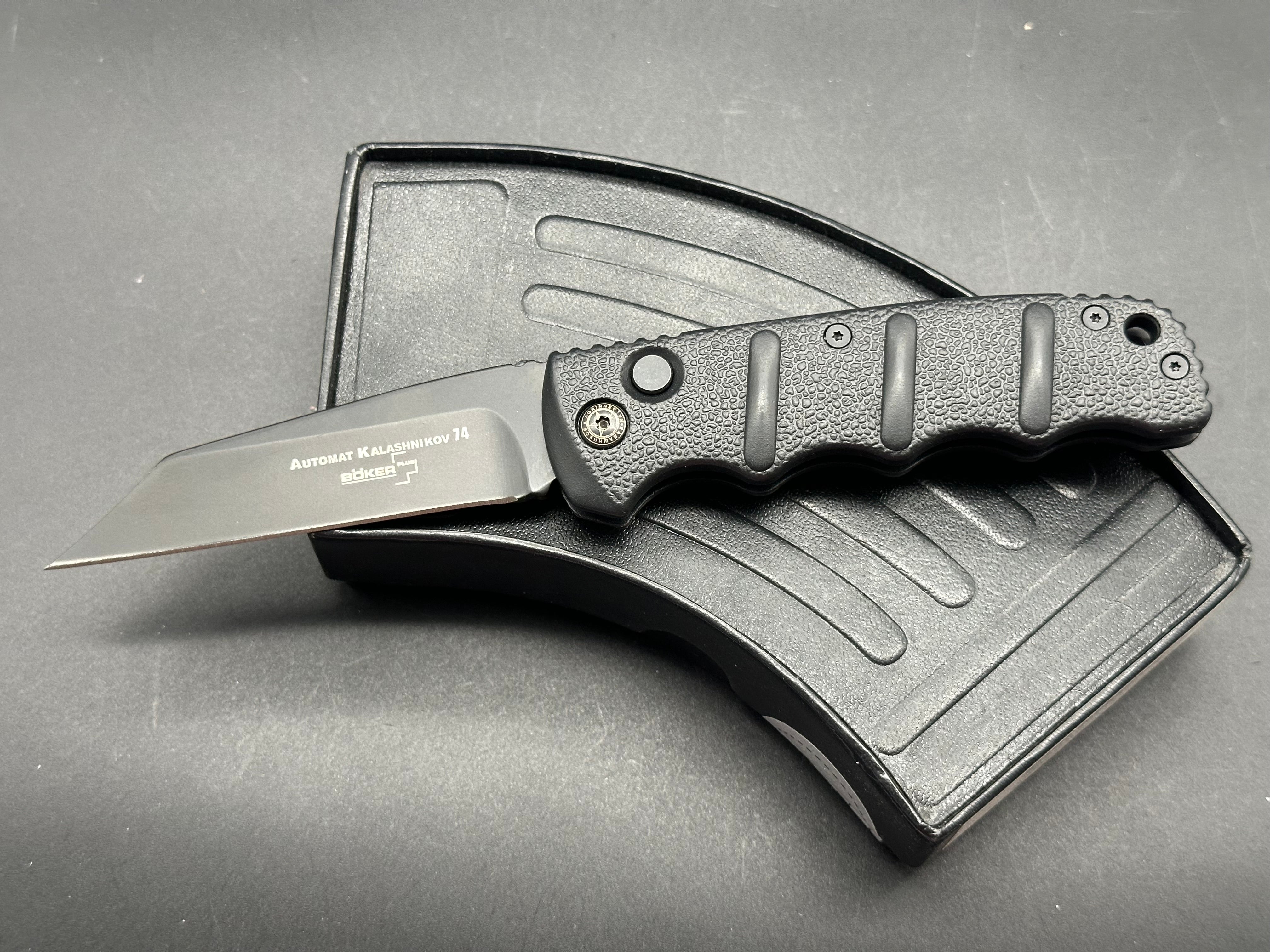 Boker Kalashnikov 74 Wharncliffe Automatic Knife - Black Handle & Blade - Tactical EDC, Outdoor Survival, Camping, Hunting Gear