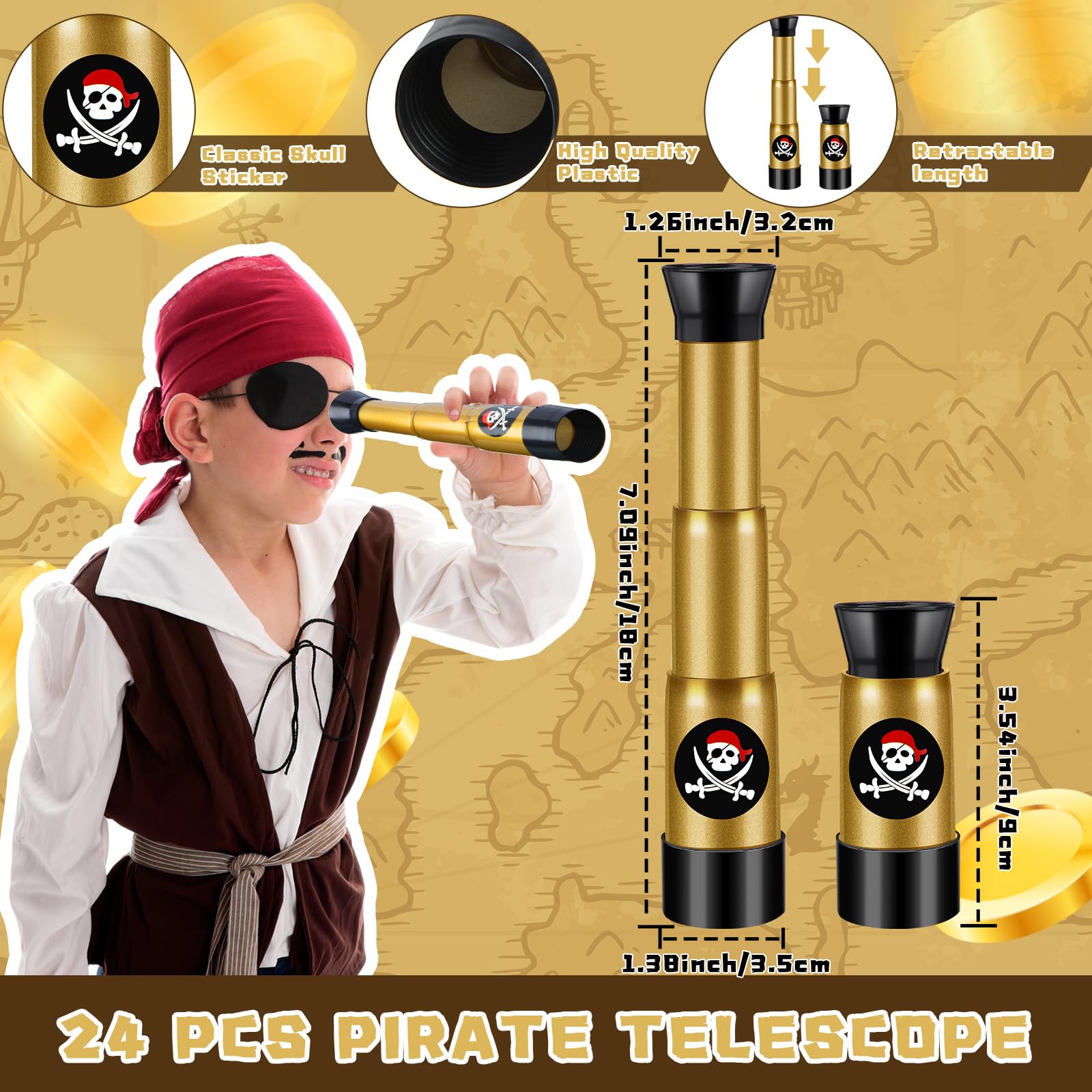 24-Piece Pirate Eye Patch and Telescope Set for Kids - Bulk Plastic Pirate Accessories, Halloween & Birthday Party Favors - Perfect for Pirate Themed Parties, Dress-Up Play and Treasure Hunt Adventures