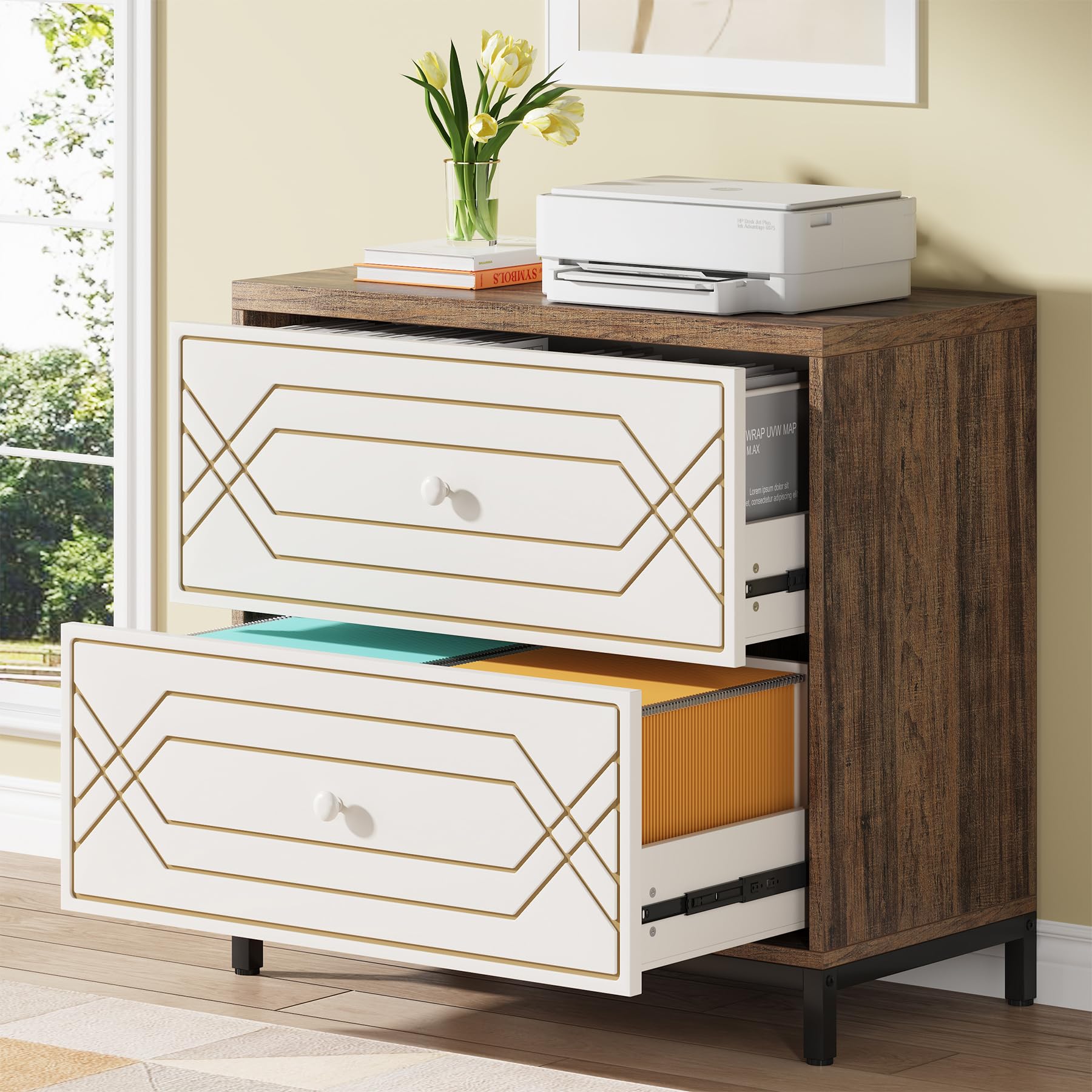 2-Drawer Lateral File Cabinet for Letter Size - Modern Office Storage Cabinet, Printer Stand for Home & Office - White & Rustic Brown - Perfect for Document Organization & Workspace Storage