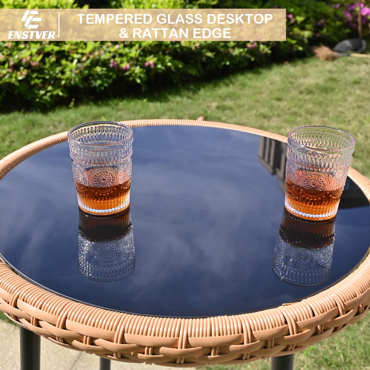 ENSTVER 3-Piece Rattan Bar Set with Cushions - Outdoor High Top Table & 2 Chairs, Tempered Glass Bar Table - Patio Bistro Dining Set for Backyard, Garden, Balcony, Poolside & Outdoor Entertaining