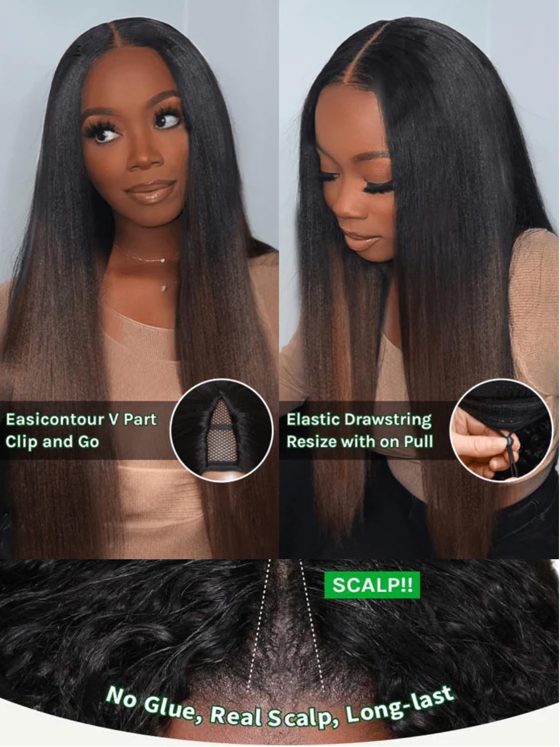 KLAIYI Ombre Brown V Part Human Hair Wig - Yaki Straight 24 Inch Glueless U Part Wig with Dark Roots, No Glue No Lace, Easy Wear & Go for Beginners | Perfect for Daily Wear, Parties, Cosplay & Protective Styling