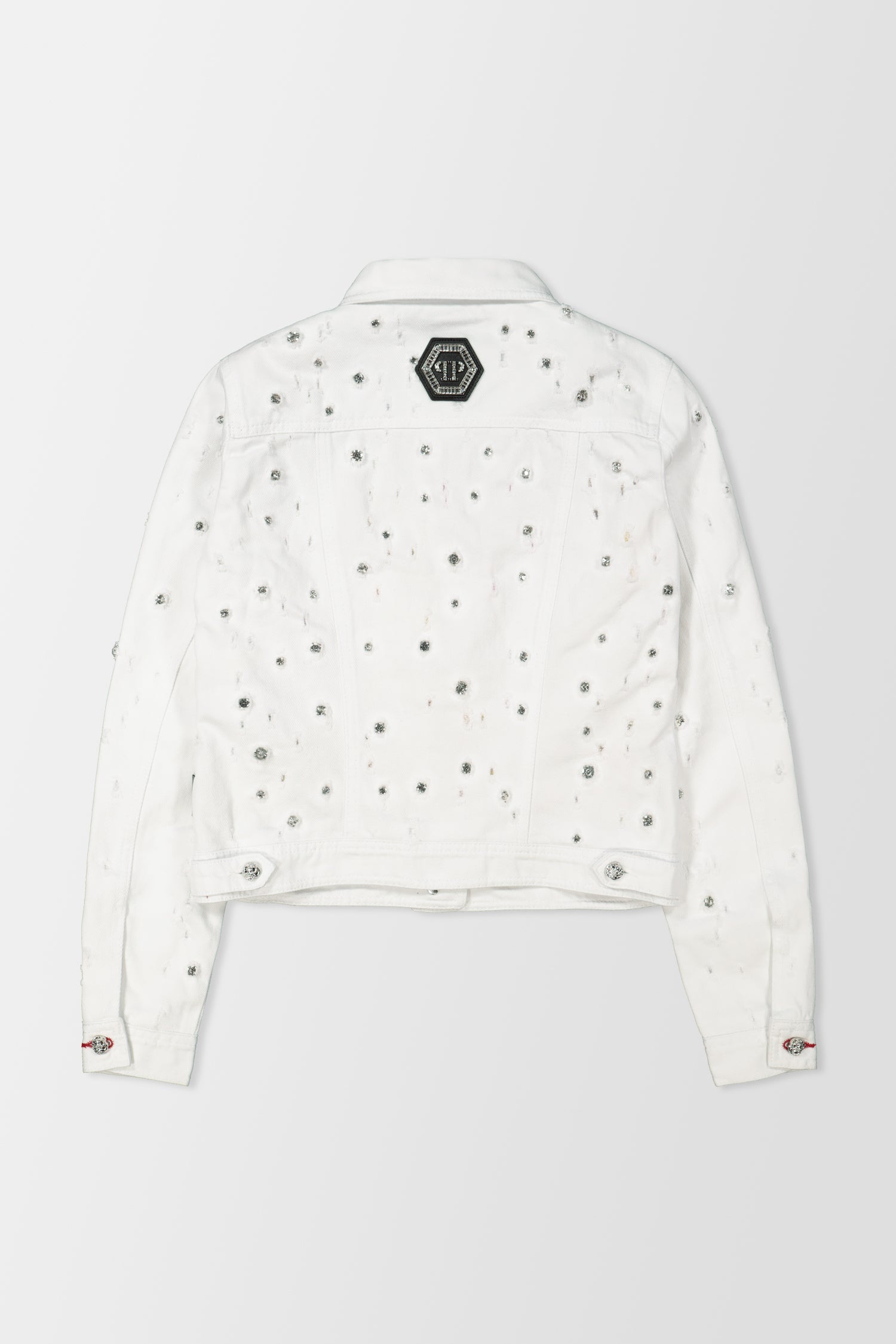 Philipp Plein White Denim Crystal Embellished Jacket for Women - Fashionable Rhinestone Studded Denim Coat for Parties, Night Out & Special Occasions