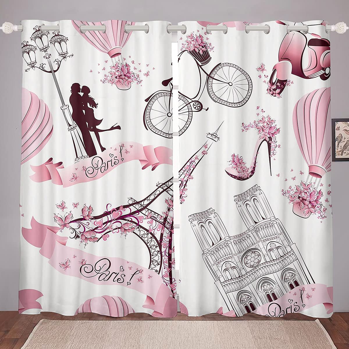 Paris Eiffel Tower Curtains - Romantic French Cityscape Window Drapes for Bedroom, Girls Room & Couples (52x63 Inches, 2 Panels) | Pink & White Room Decor for Kids, Teens & Adults | Perfect for French-Themed Bedrooms, Living Rooms & Dorm Decor