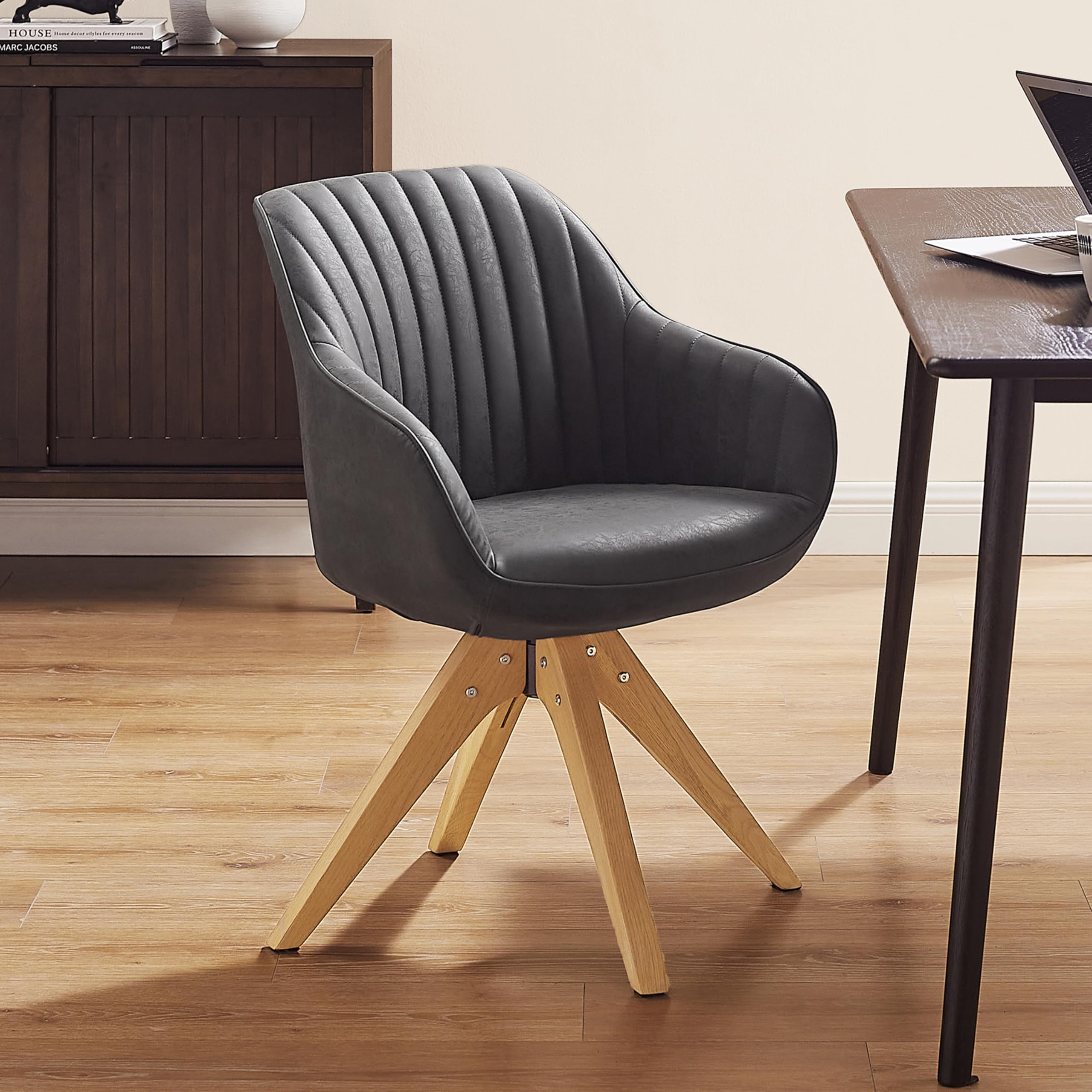 Art Leon Mid Century Modern Office Chair - No Wheels Swivel Desk Chair with Oak Wood Legs & Faux Leather Upholstery - Black Accent Armchair for Home Office, Study, or Workspace