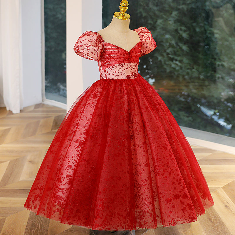 Elegant Red Tulle Princess Flower Girl Dress with Sequin & Pleated Puff Sleeves - Perfect for Weddings, Birthday Parties, and Special Occasions